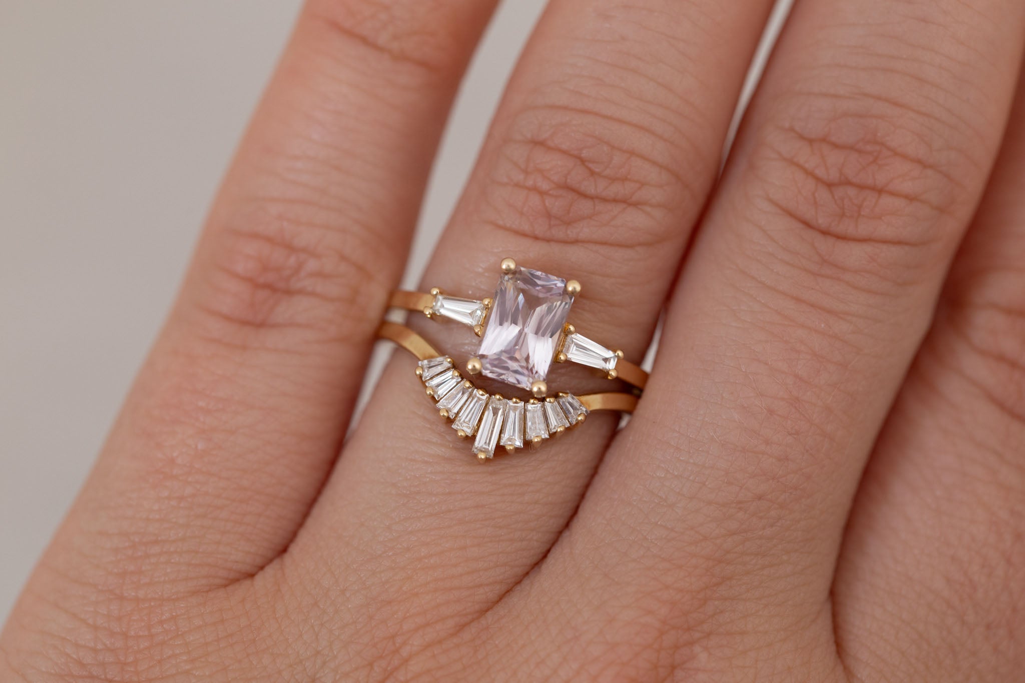 Marlowe Ring | Icy Lavender Emerald Cut Sapphire + Tapered Baguette Engagement Ring 1.34 ct | 14k Recycled Gold | One of a Kind