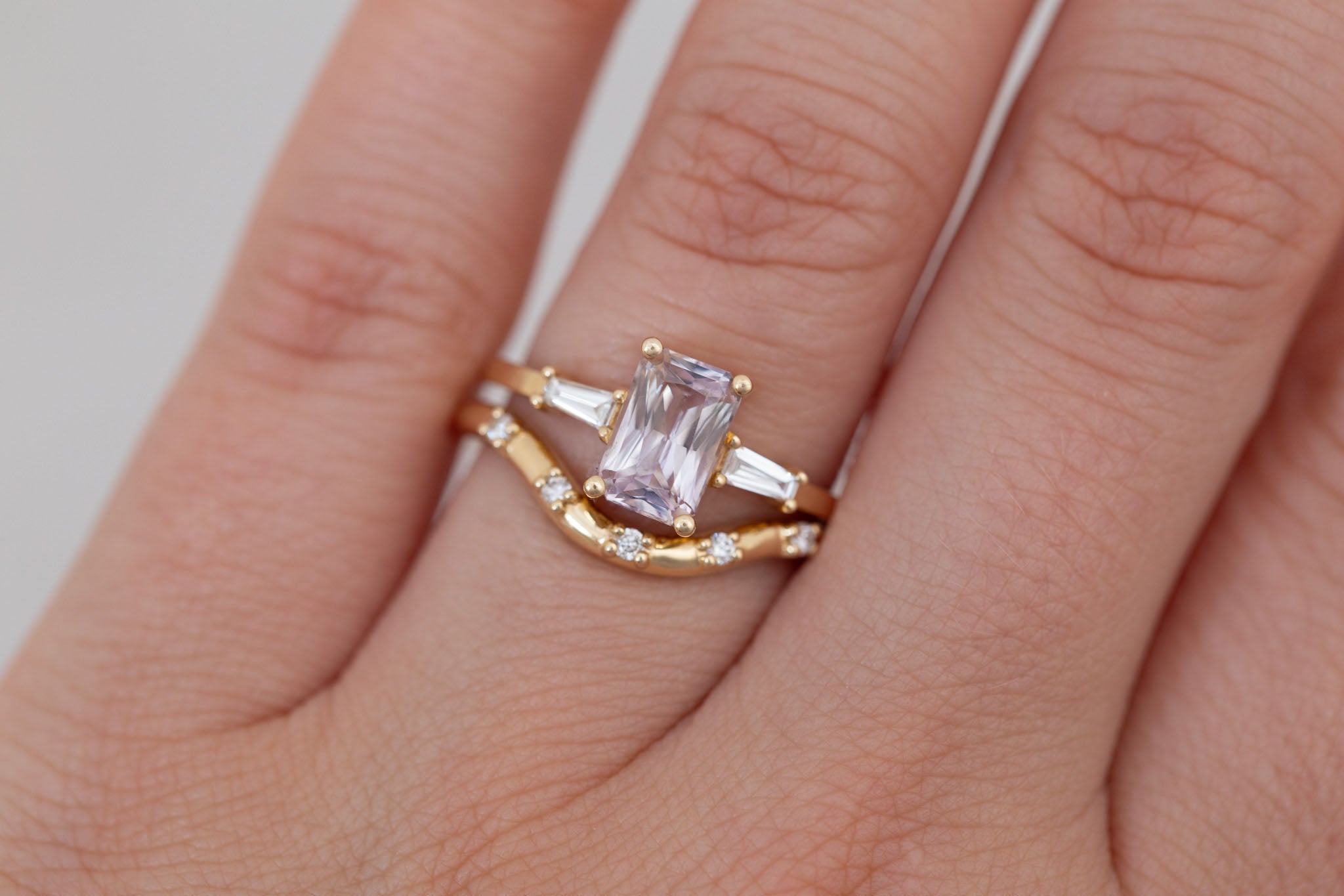 Marlowe Ring | Icy Lavender Emerald Cut Sapphire + Tapered Baguette Engagement Ring 1.34 ct | 14k Recycled Gold | One of a Kind