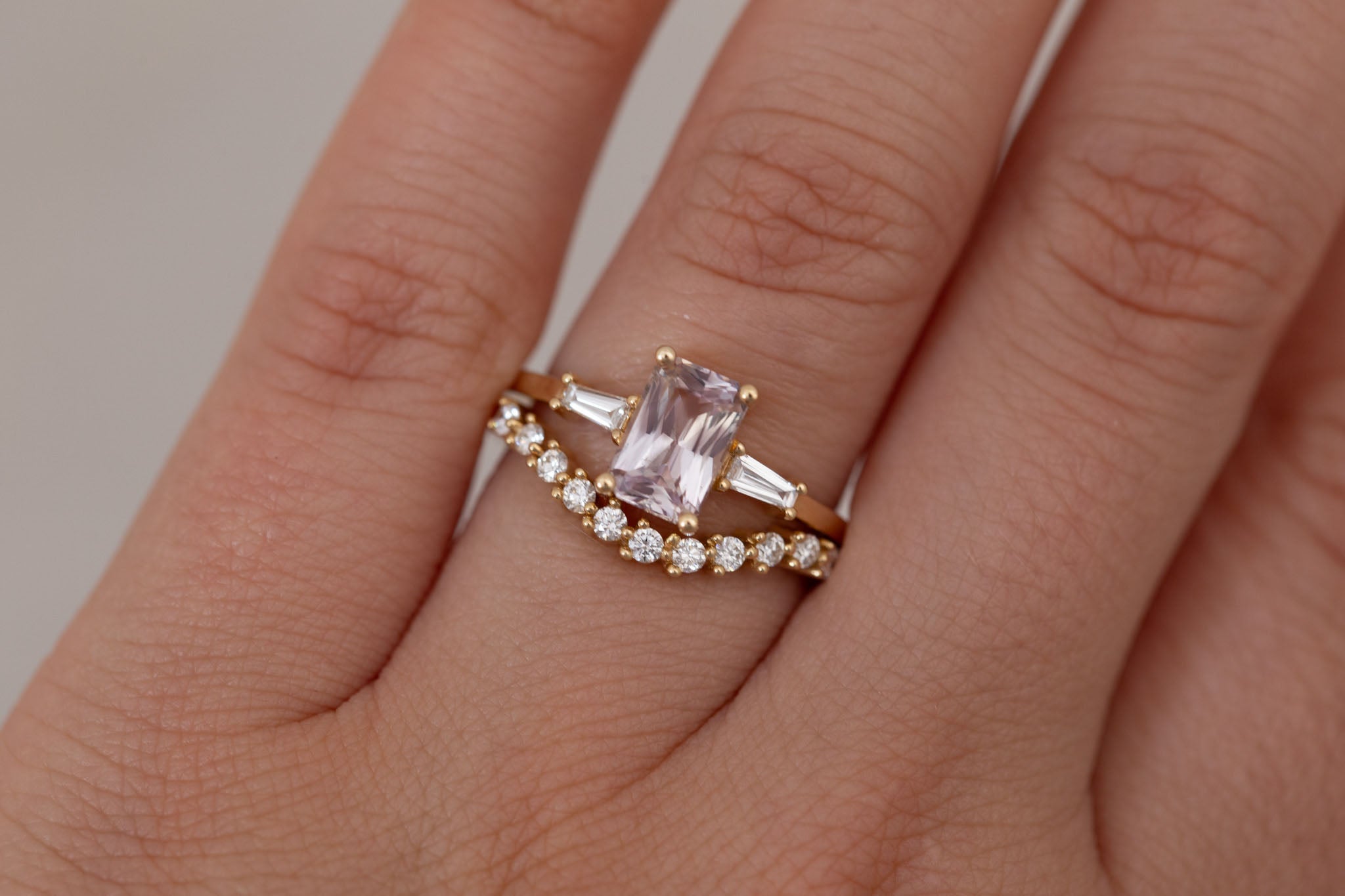 Marlowe Ring | Icy Lavender Emerald Cut Sapphire + Tapered Baguette Engagement Ring 1.34 ct | 14k Recycled Gold | One of a Kind
