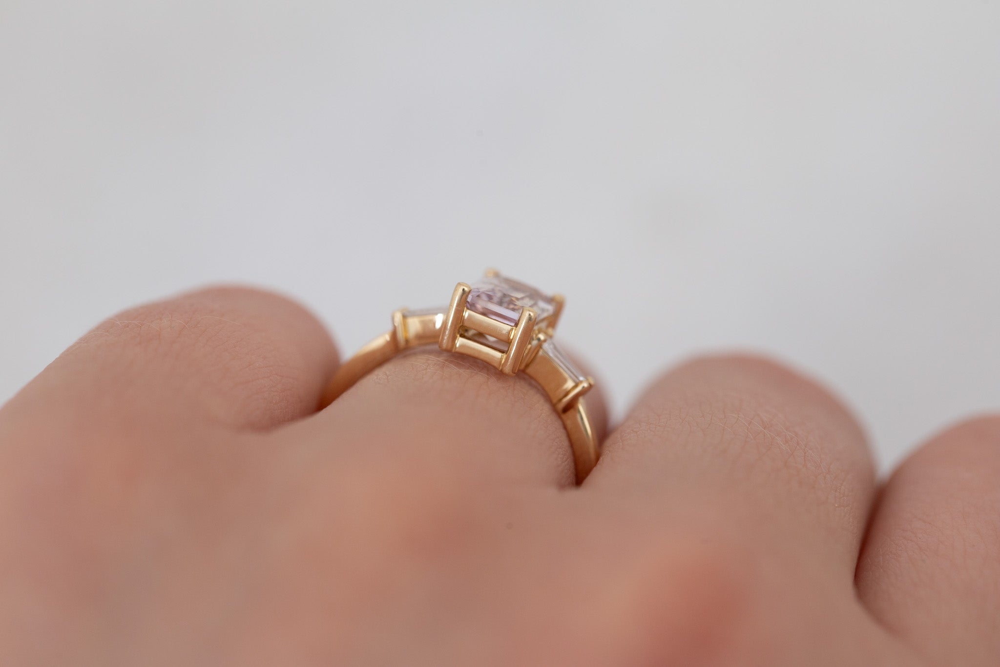 Marlowe Ring | Icy Lavender Emerald Cut Sapphire + Tapered Baguette Engagement Ring 1.34 ct | 14k Recycled Gold | One of a Kind
