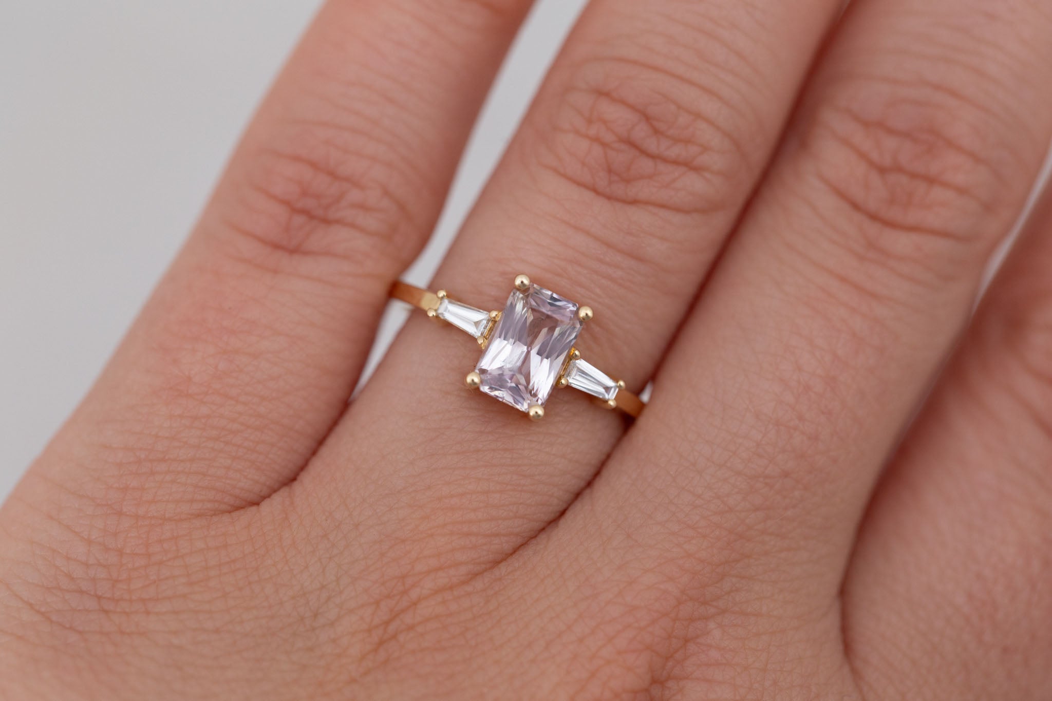 Marlowe Ring | Icy Lavender Emerald Cut Sapphire + Tapered Baguette Engagement Ring 1.34 ct | 14k Recycled Gold | One of a Kind