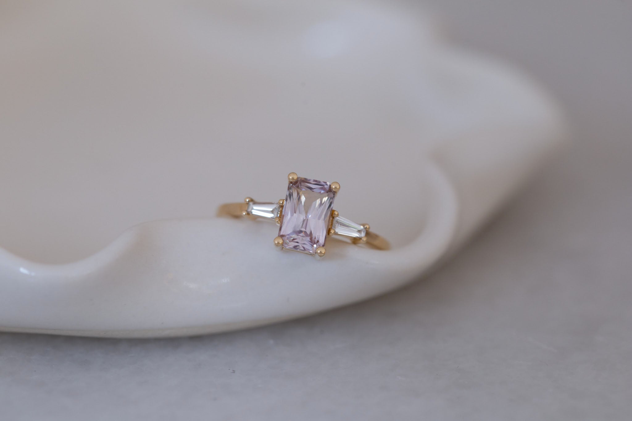 Marlowe Ring | Icy Lavender Emerald Cut Sapphire + Tapered Baguette Engagement Ring 1.34 ct | 14k Recycled Gold | One of a Kind