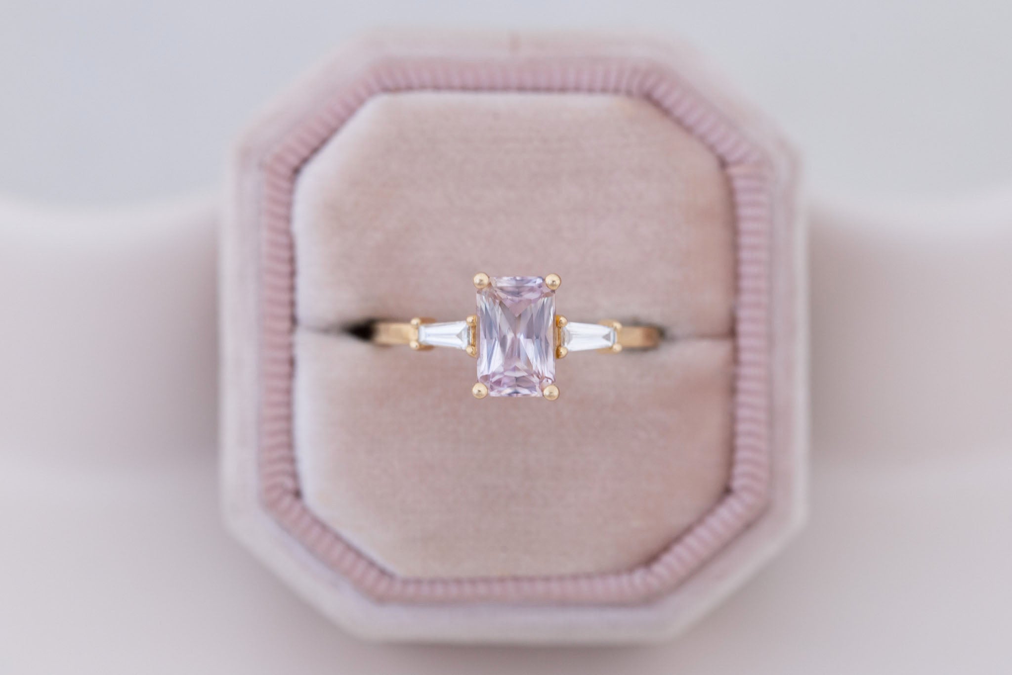 Marlowe Ring | Icy Lavender Emerald Cut Sapphire + Tapered Baguette Engagement Ring 1.34 ct | 14k Recycled Gold | One of a Kind