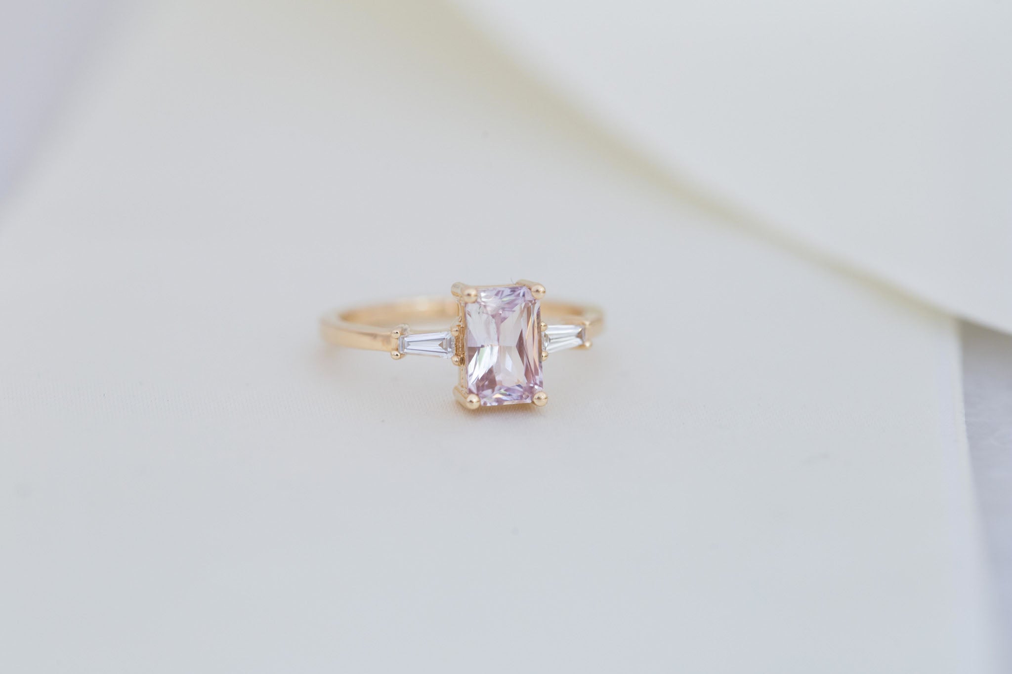 Marlowe Ring | Icy Lavender Emerald Cut Sapphire + Tapered Baguette Engagement Ring 1.34 ct | 14k Recycled Gold | One of a Kind