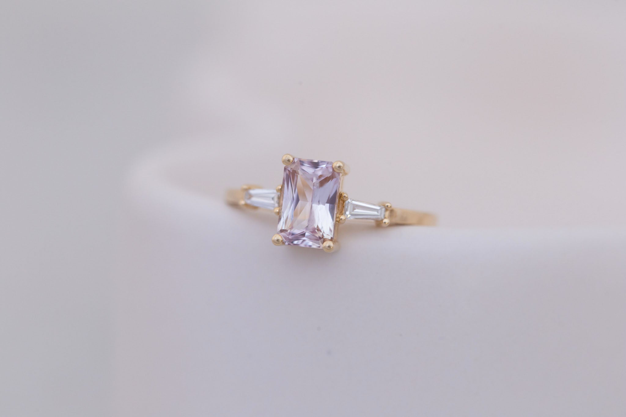 Marlowe Ring | Icy Lavender Emerald Cut Sapphire + Tapered Baguette Engagement Ring 1.34 ct | 14k Recycled Gold | One of a Kind
