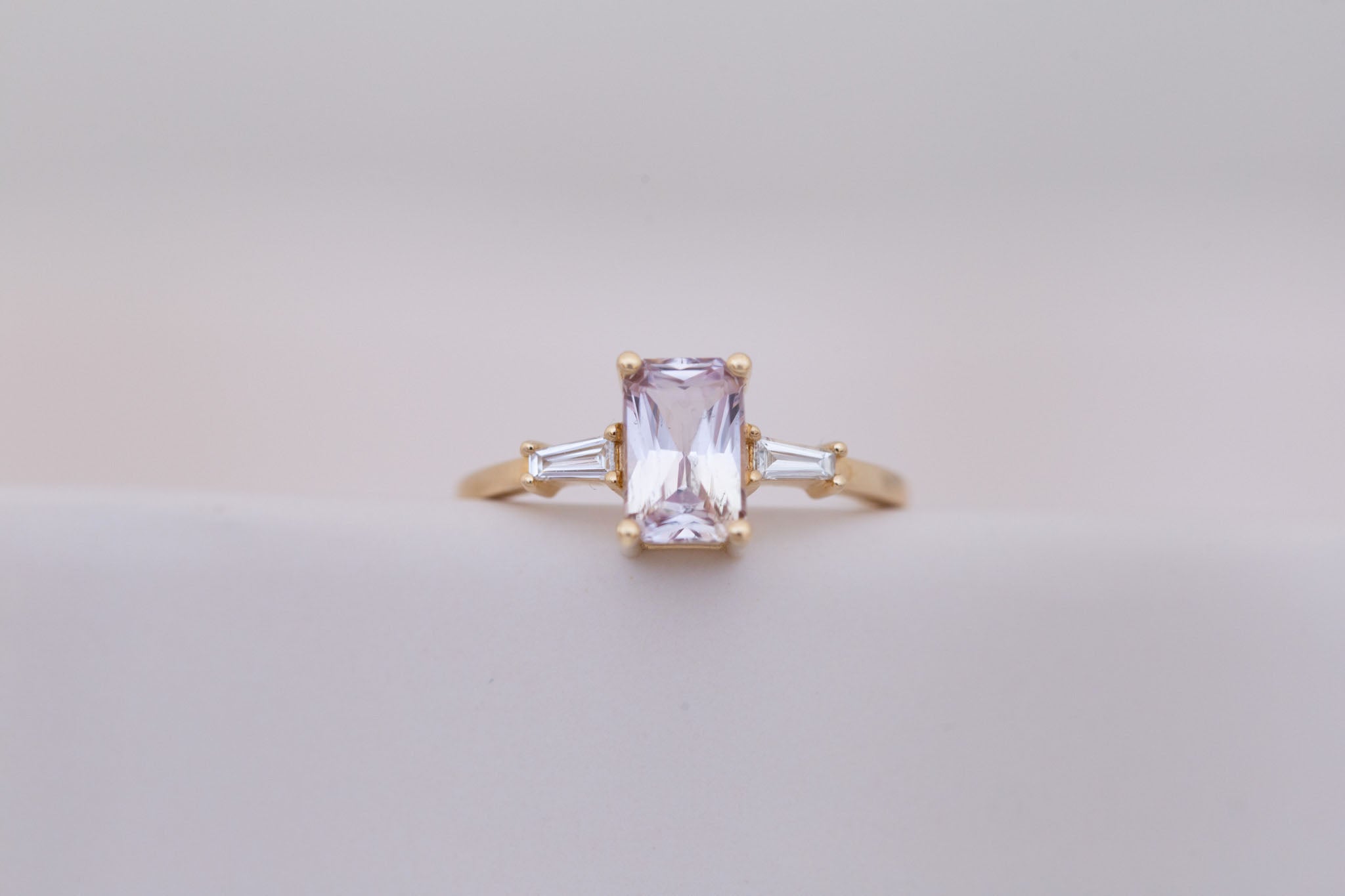 Marlowe Ring | Icy Lavender Emerald Cut Sapphire + Tapered Baguette Engagement Ring 1.34 ct | 14k Recycled Gold | One of a Kind