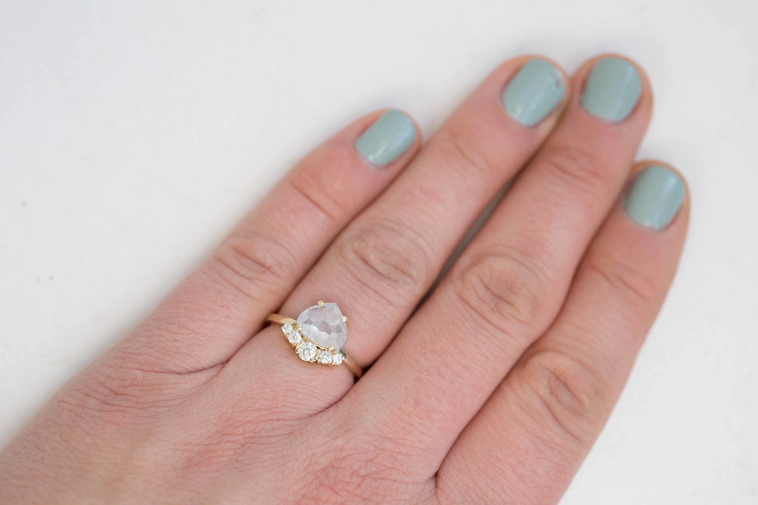 Opalescent Pear Rose Cut Diamond + Diamond Cluster Engagement Ring | 14k Recycled Gold | One of a Kind