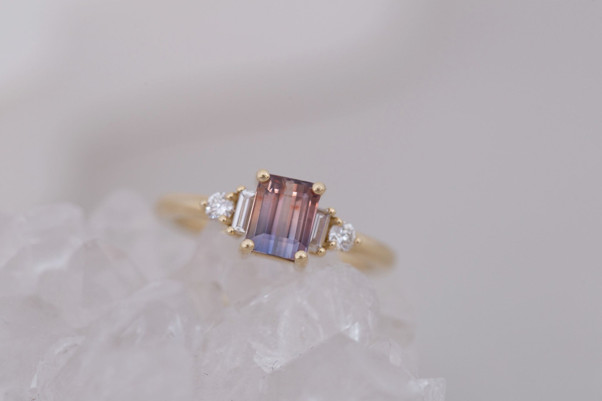 Alsea Ring | Bicolor Sapphire + Baguette and Round Diamond Accent Engagement Ring 1.60 ct | 14k Recycled Gold | One of a Kind