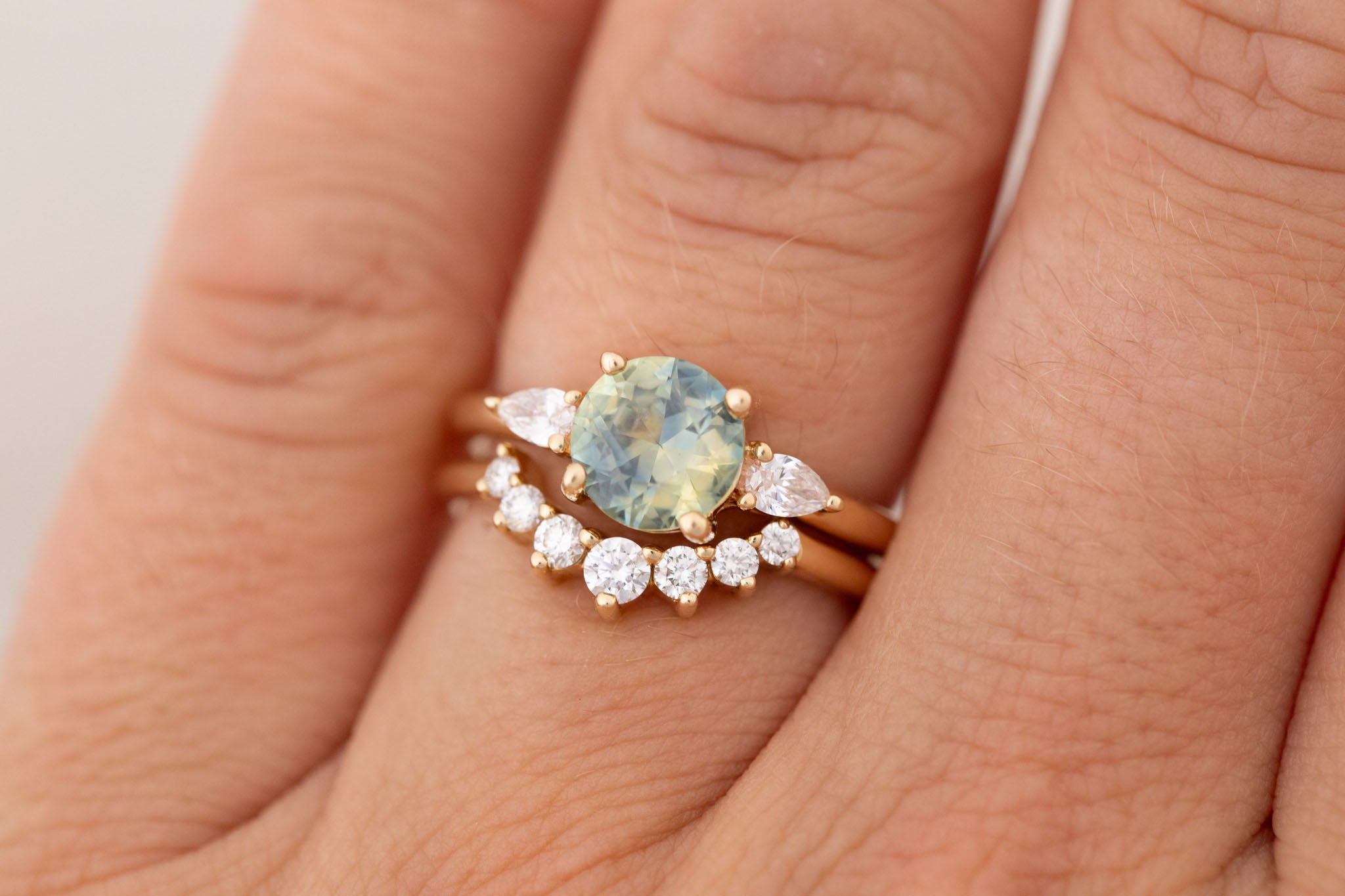Iris Ring | Bicolor Montana Sapphire + Pear Diamond Accent Engagement Ring 1.60 ct | 14k Recycled Gold | One of a Kind