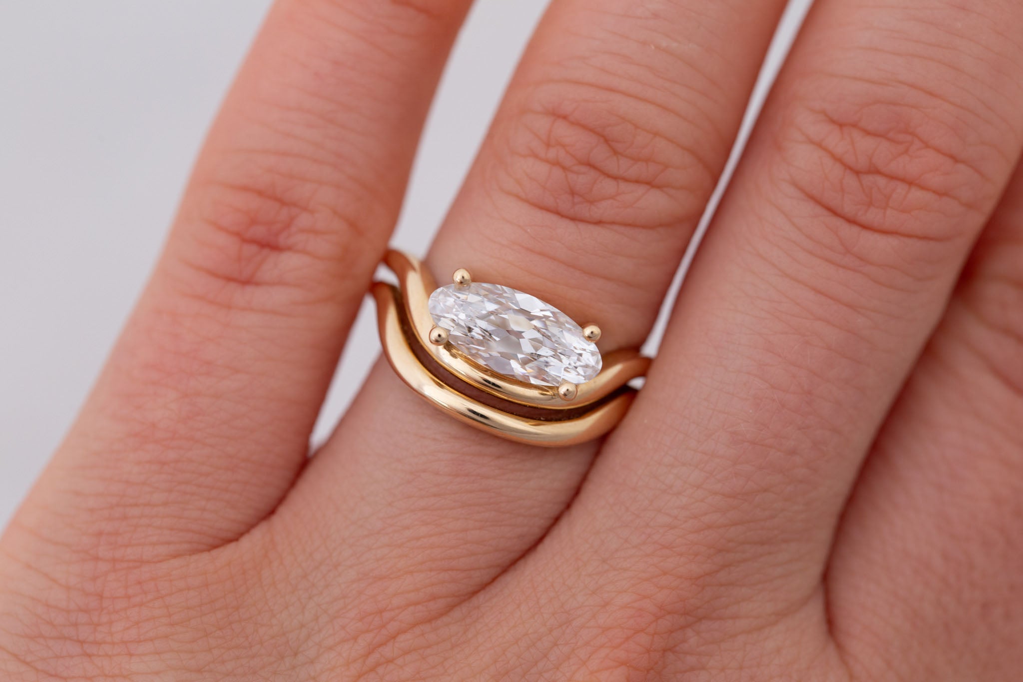 Hayes Ring | Lab Moval Solitaire + Double Curved Band Engagement Ring 1.61 ct | 14k Recycled Gold | One of a Kind