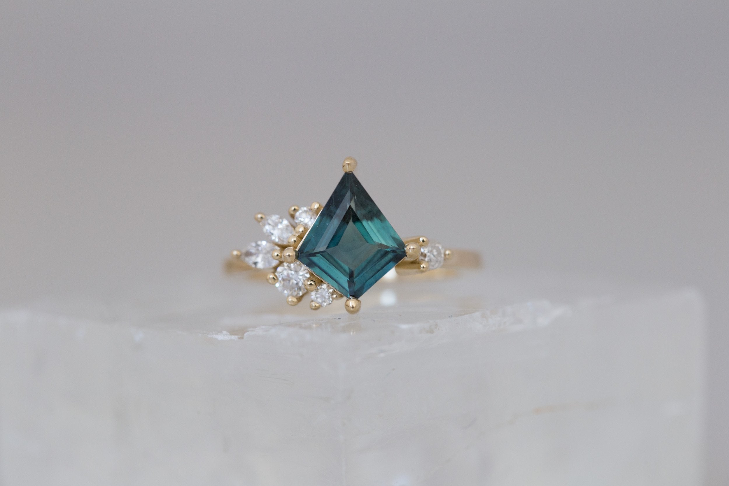 Alden Ring | Teal Sapphire Kite + Diamond Cluster Engagement Ring 1.61 ct | 14k Recycled Gold | One of a Kind