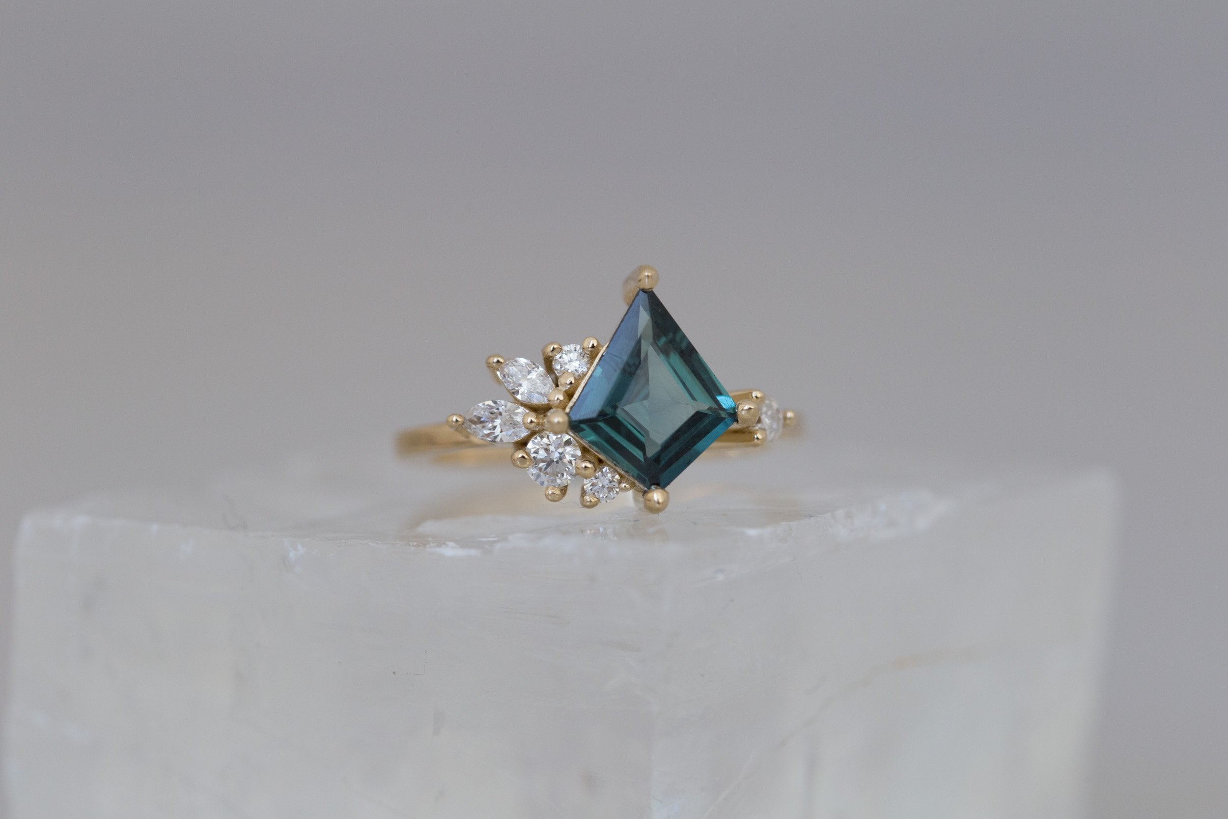 Alden Ring | Teal Sapphire Kite + Diamond Cluster Engagement Ring 1.61 ct | 14k Recycled Gold | One of a Kind