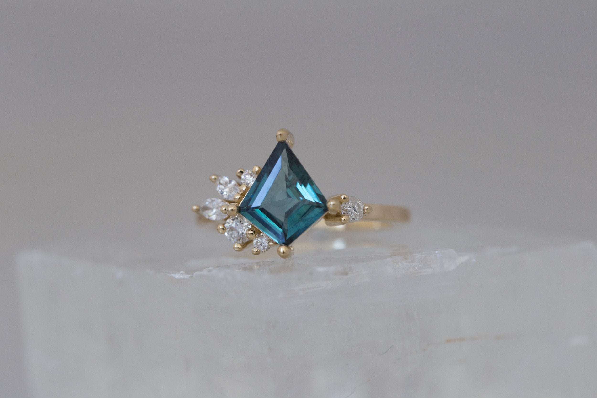 Alden Ring | Teal Sapphire Kite + Diamond Cluster Engagement Ring 1.61 ct | 14k Recycled Gold | One of a Kind