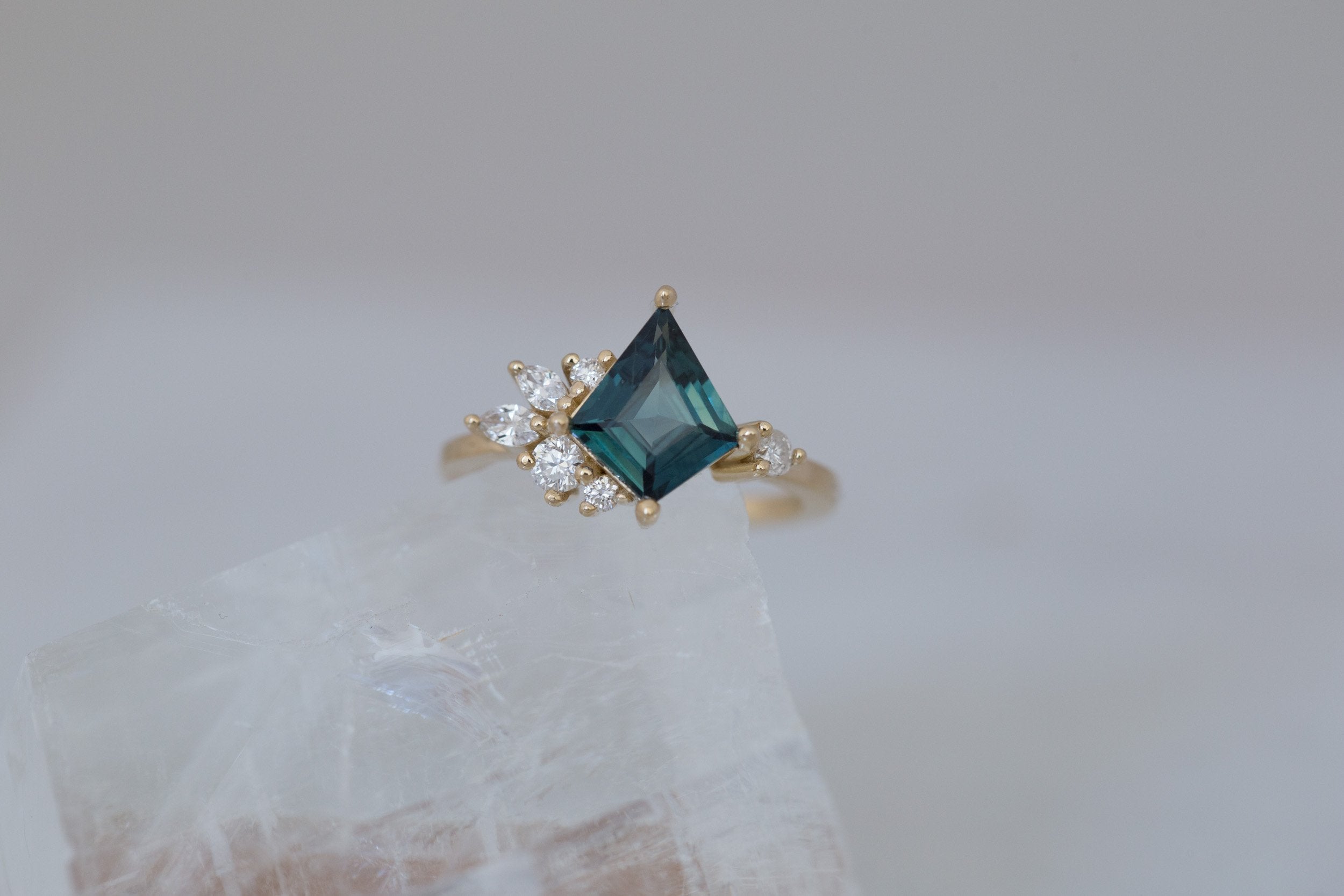 Alden Ring | Teal Sapphire Kite + Diamond Cluster Engagement Ring 1.61 ct | 14k Recycled Gold | One of a Kind