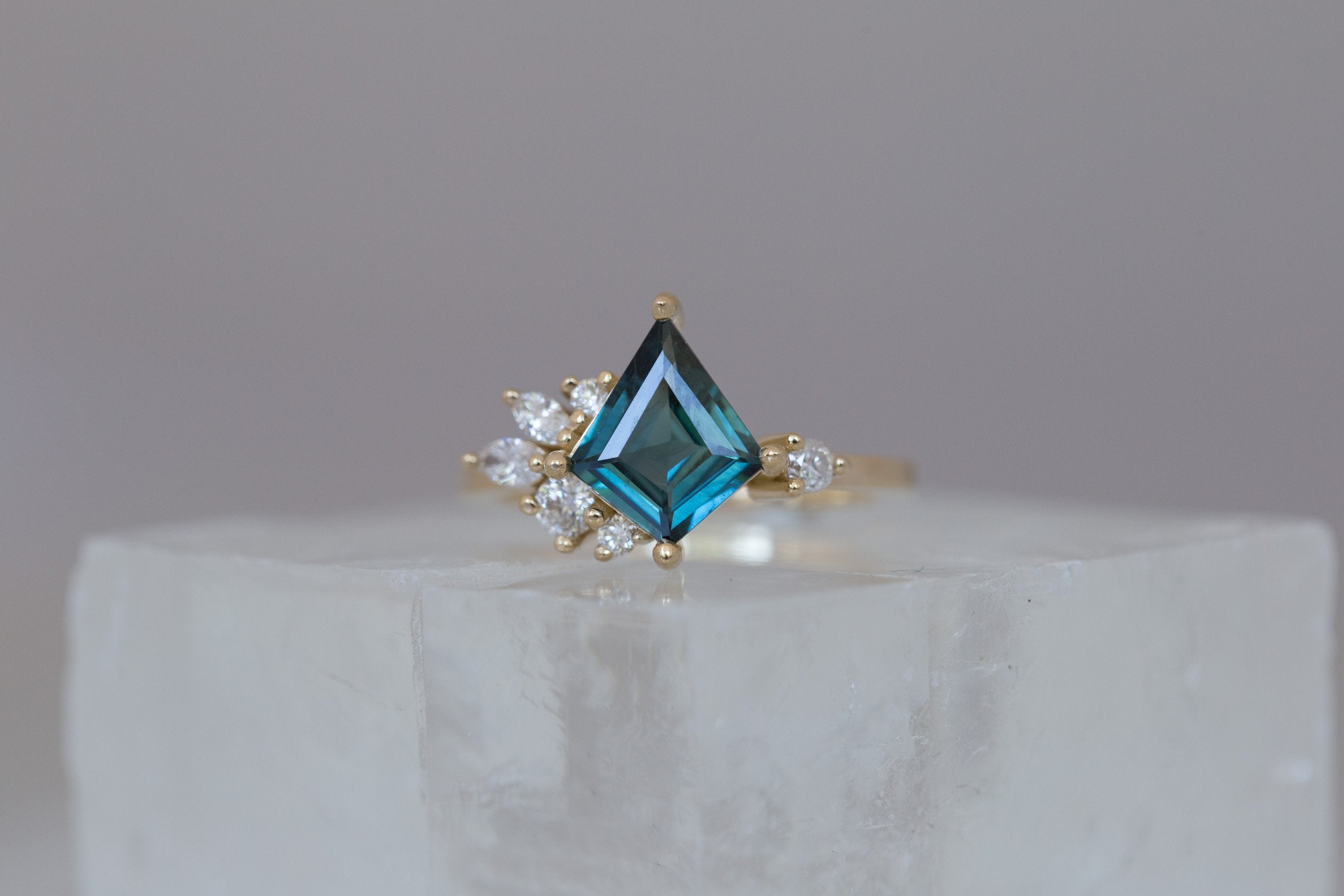 Alden Ring | Teal Sapphire Kite + Diamond Cluster Engagement Ring 1.61 ct | 14k Recycled Gold | One of a Kind