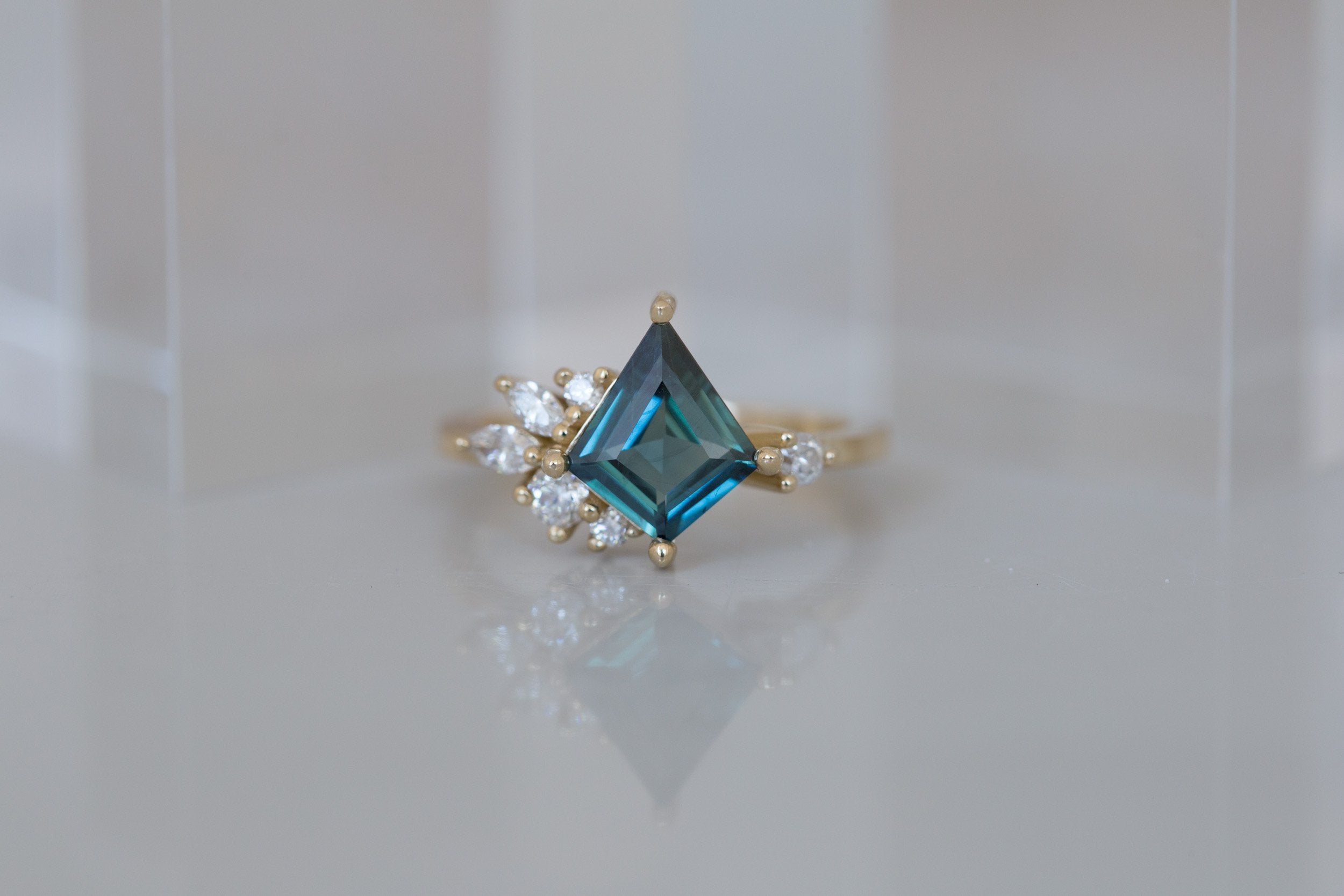 Alden Ring | Teal Sapphire Kite + Diamond Cluster Engagement Ring 1.61 ct | 14k Recycled Gold | One of a Kind