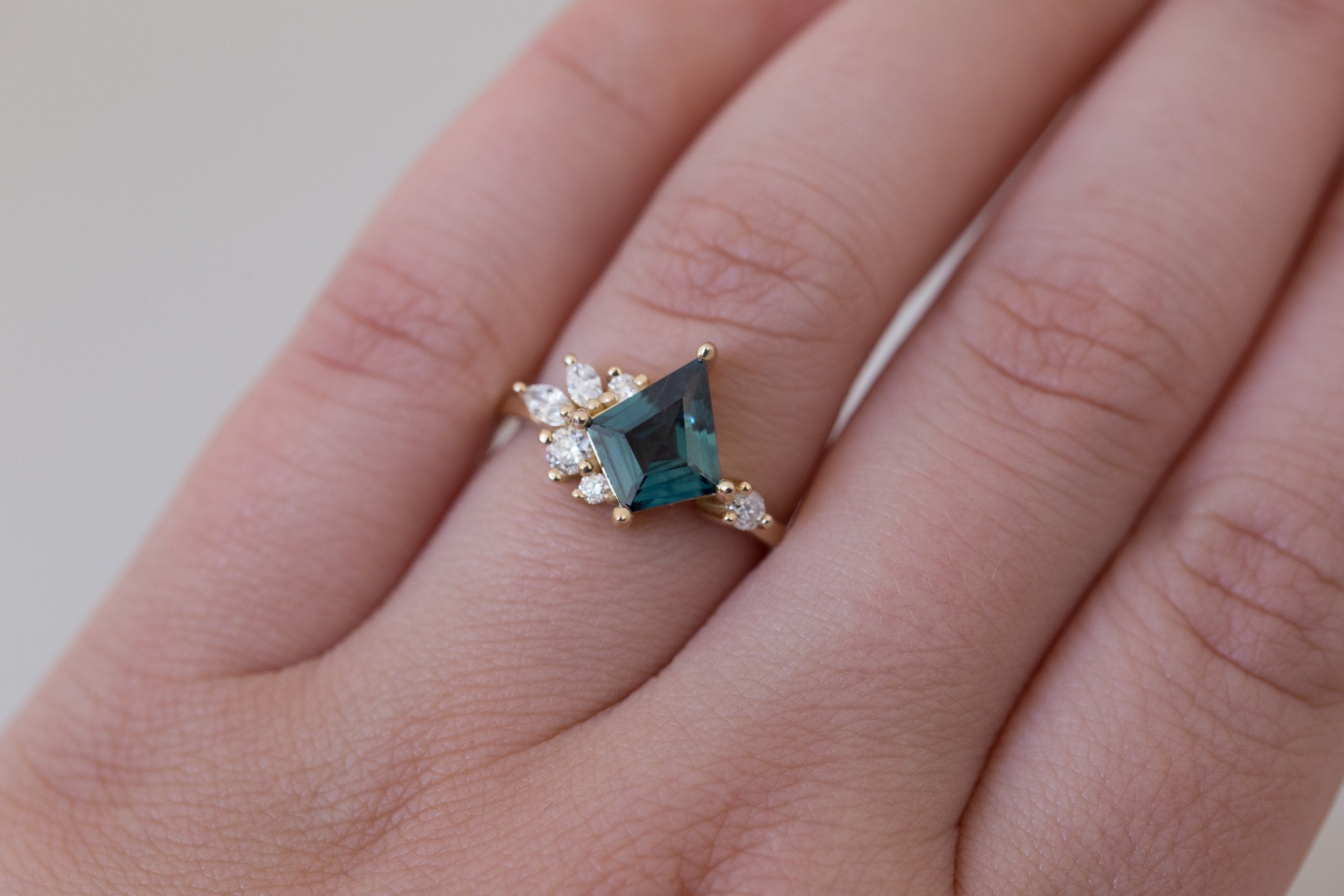 Alden Ring | Teal Sapphire Kite + Diamond Cluster Engagement Ring 1.61 ct | 14k Recycled Gold | One of a Kind