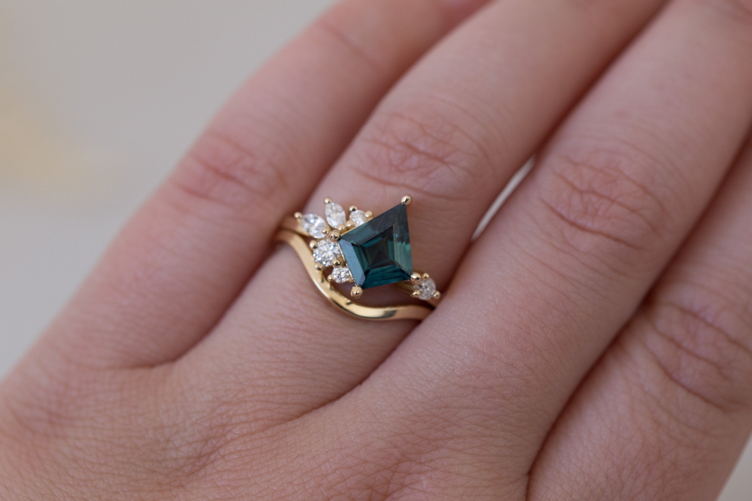Alden Ring | Teal Sapphire Kite + Diamond Cluster Engagement Ring 1.61 ct | 14k Recycled Gold | One of a Kind