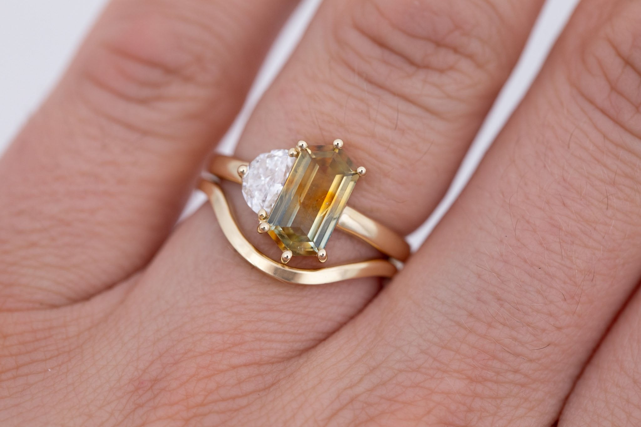 Liana Ring | Bicolor Elongated Hexagon Sapphire + Half Moon Diamond Engagement Ring 1.62 ct | 14k Recycled Gold | One of a Kind