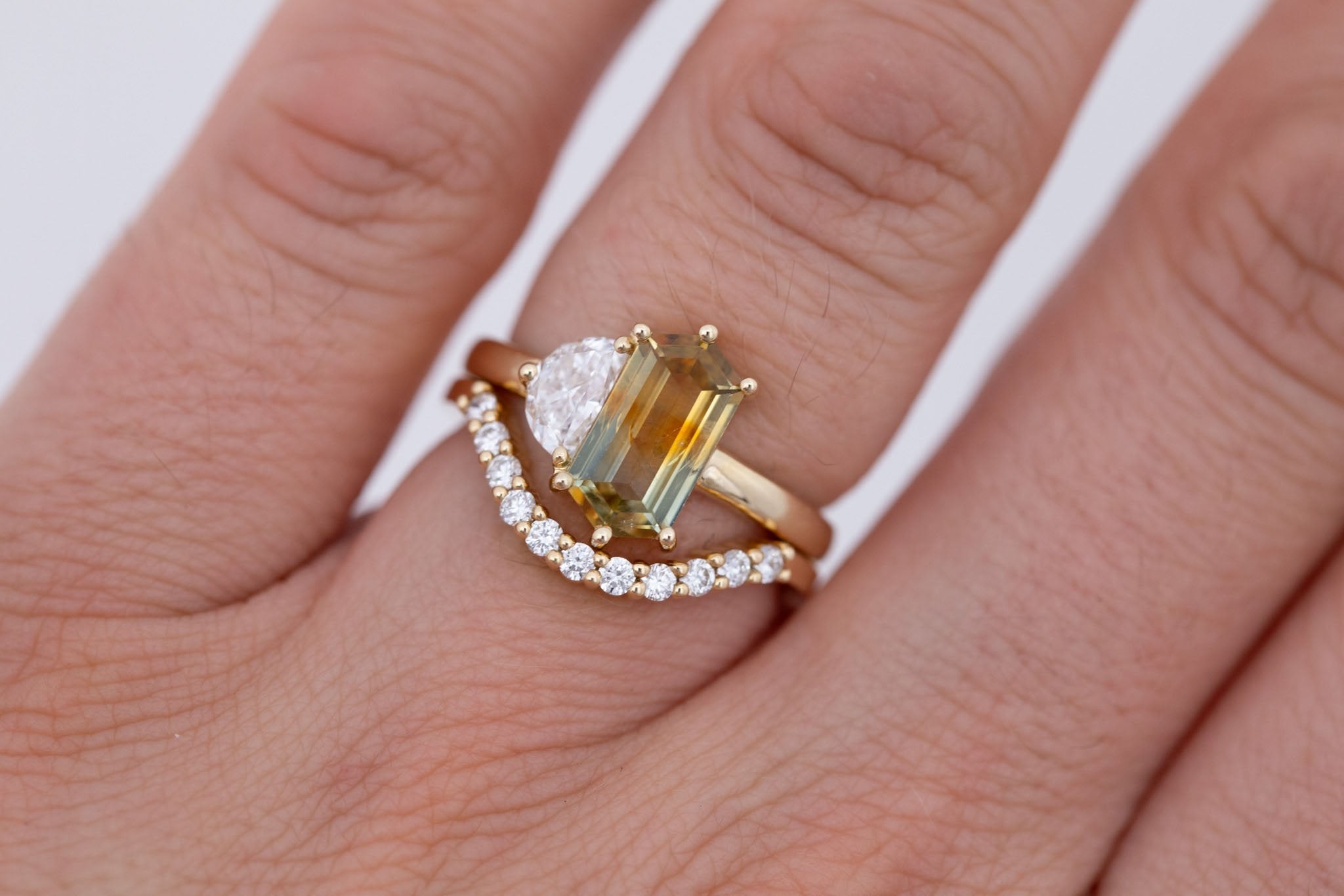 Liana Ring | Bicolor Elongated Hexagon Sapphire + Half Moon Diamond Engagement Ring 1.62 ct | 14k Recycled Gold | One of a Kind