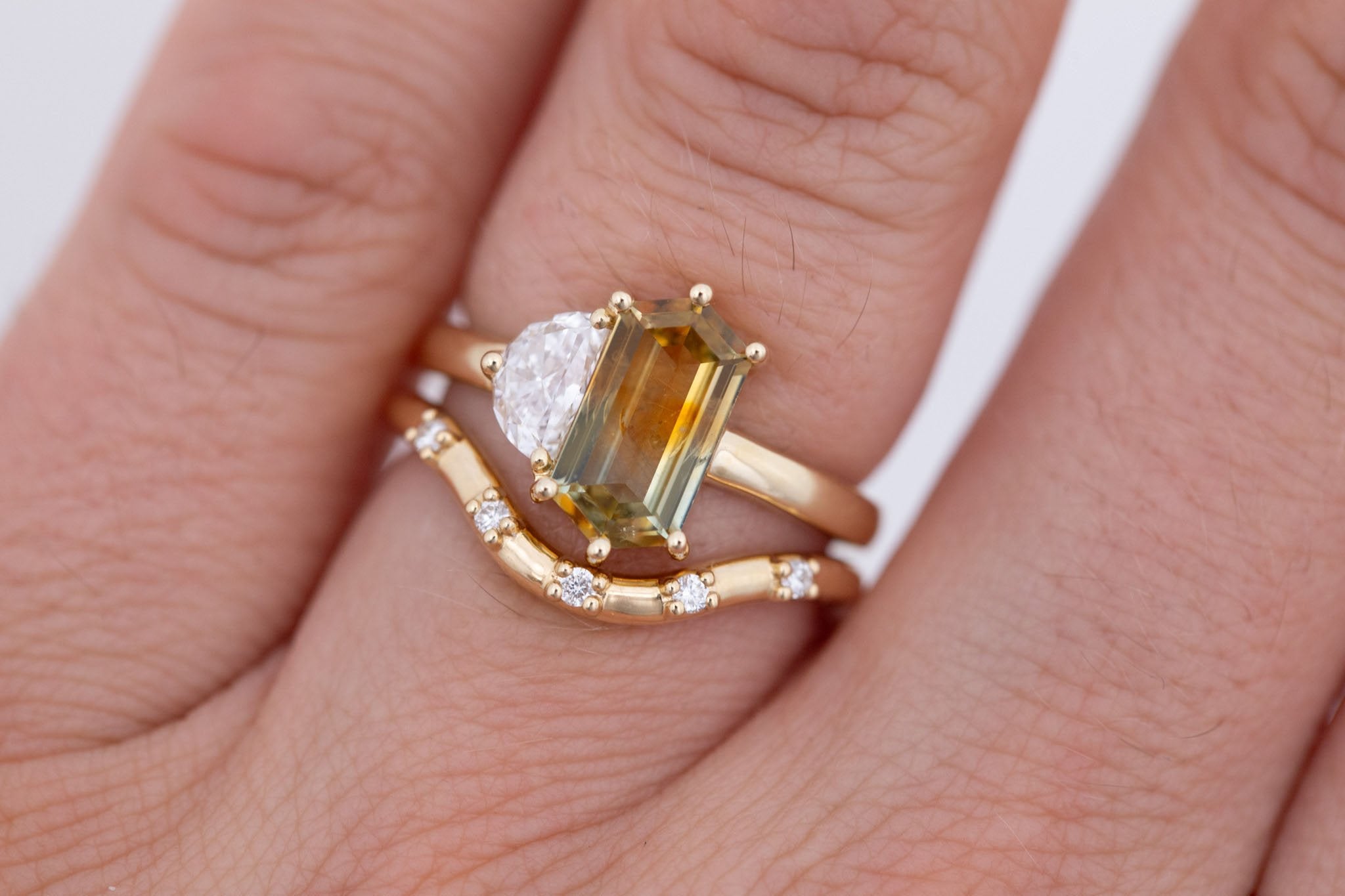 Liana Ring | Bicolor Elongated Hexagon Sapphire + Half Moon Diamond Engagement Ring 1.62 ct | 14k Recycled Gold | One of a Kind