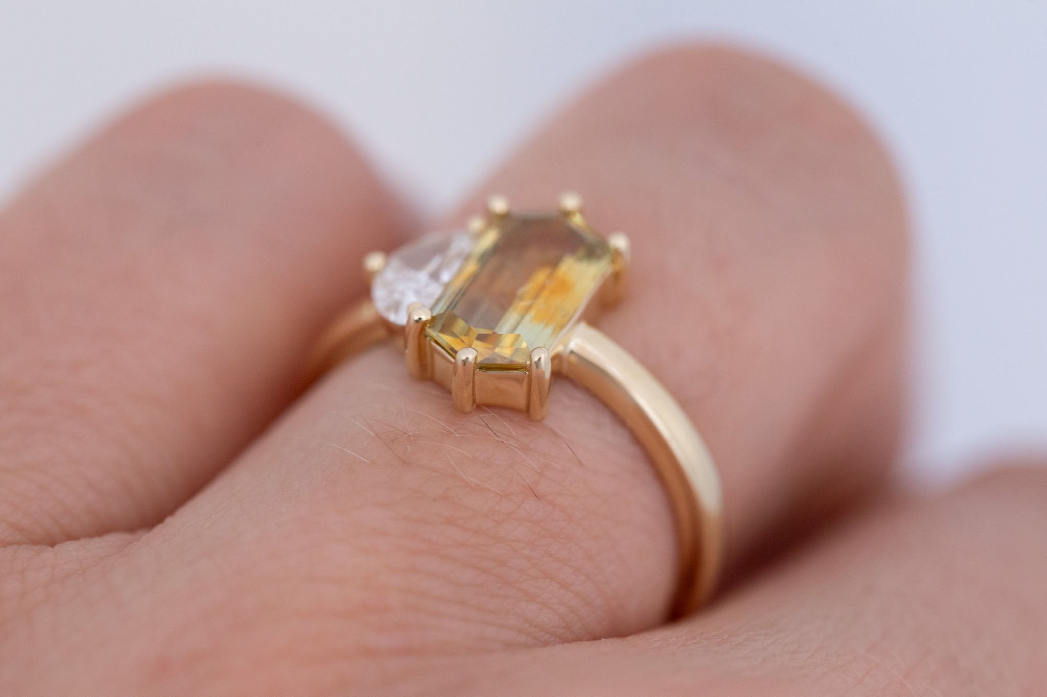 Liana Ring | Bicolor Elongated Hexagon Sapphire + Half Moon Diamond Engagement Ring 1.62 ct | 14k Recycled Gold | One of a Kind