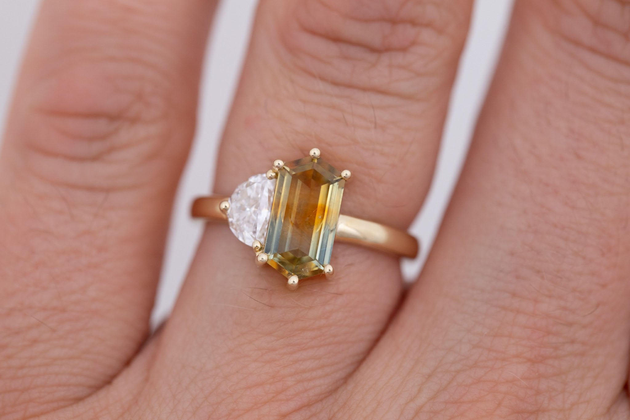 Liana Ring | Bicolor Elongated Hexagon Sapphire + Half Moon Diamond Engagement Ring 1.62 ct | 14k Recycled Gold | One of a Kind