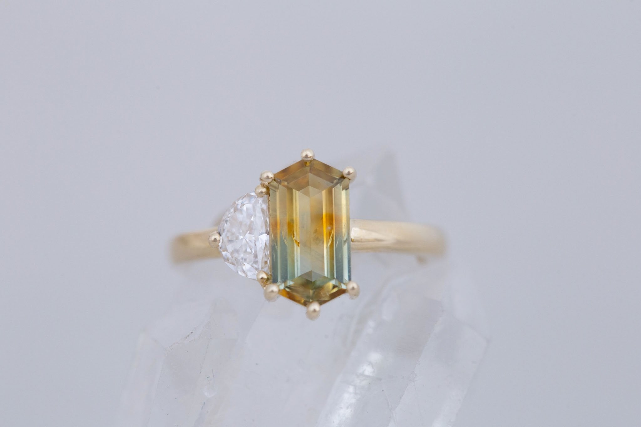 Liana Ring | Bicolor Elongated Hexagon Sapphire + Half Moon Diamond Engagement Ring 1.62 ct | 14k Recycled Gold | One of a Kind
