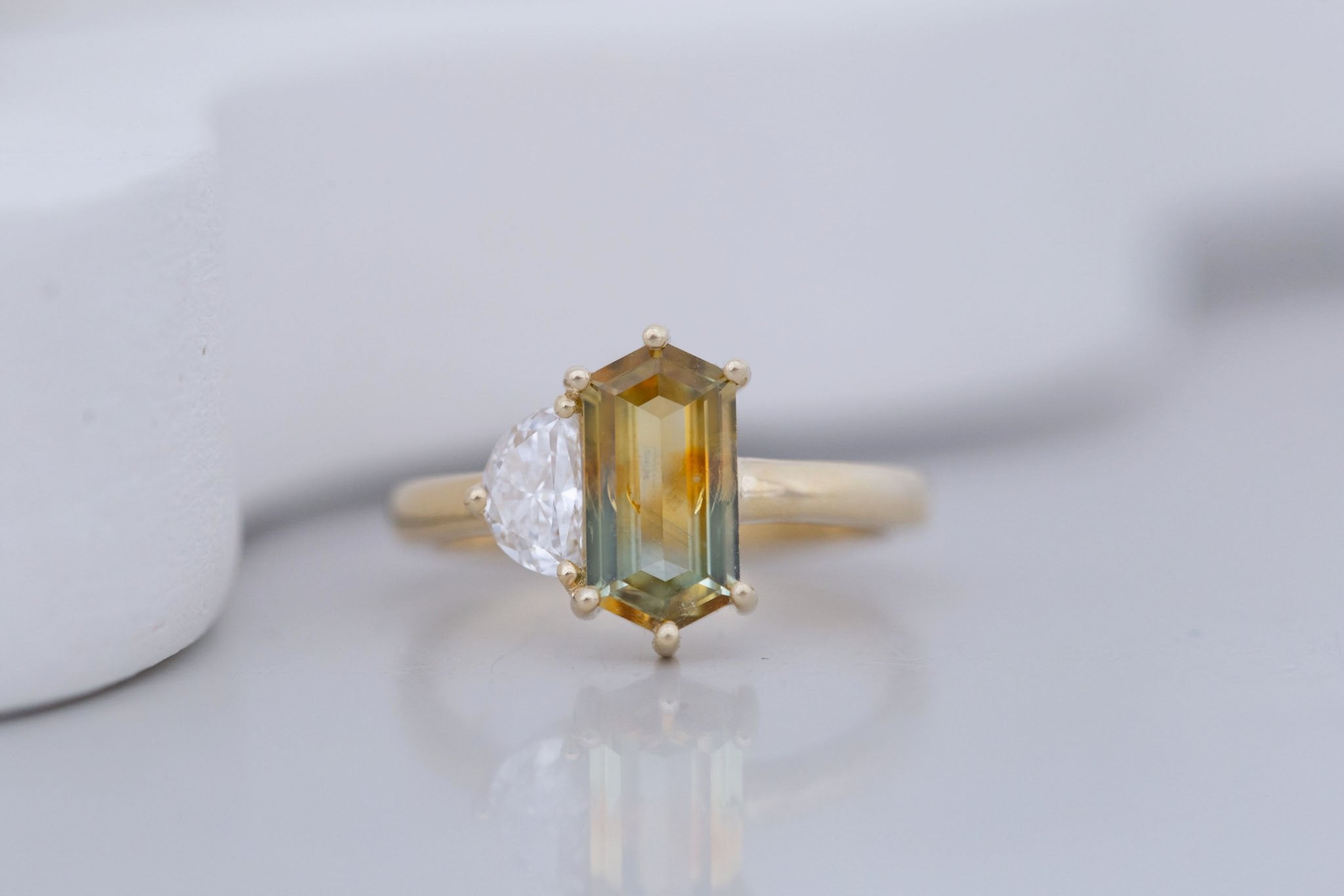 Liana Ring | Bicolor Elongated Hexagon Sapphire + Half Moon Diamond Engagement Ring 1.62 ct | 14k Recycled Gold | One of a Kind