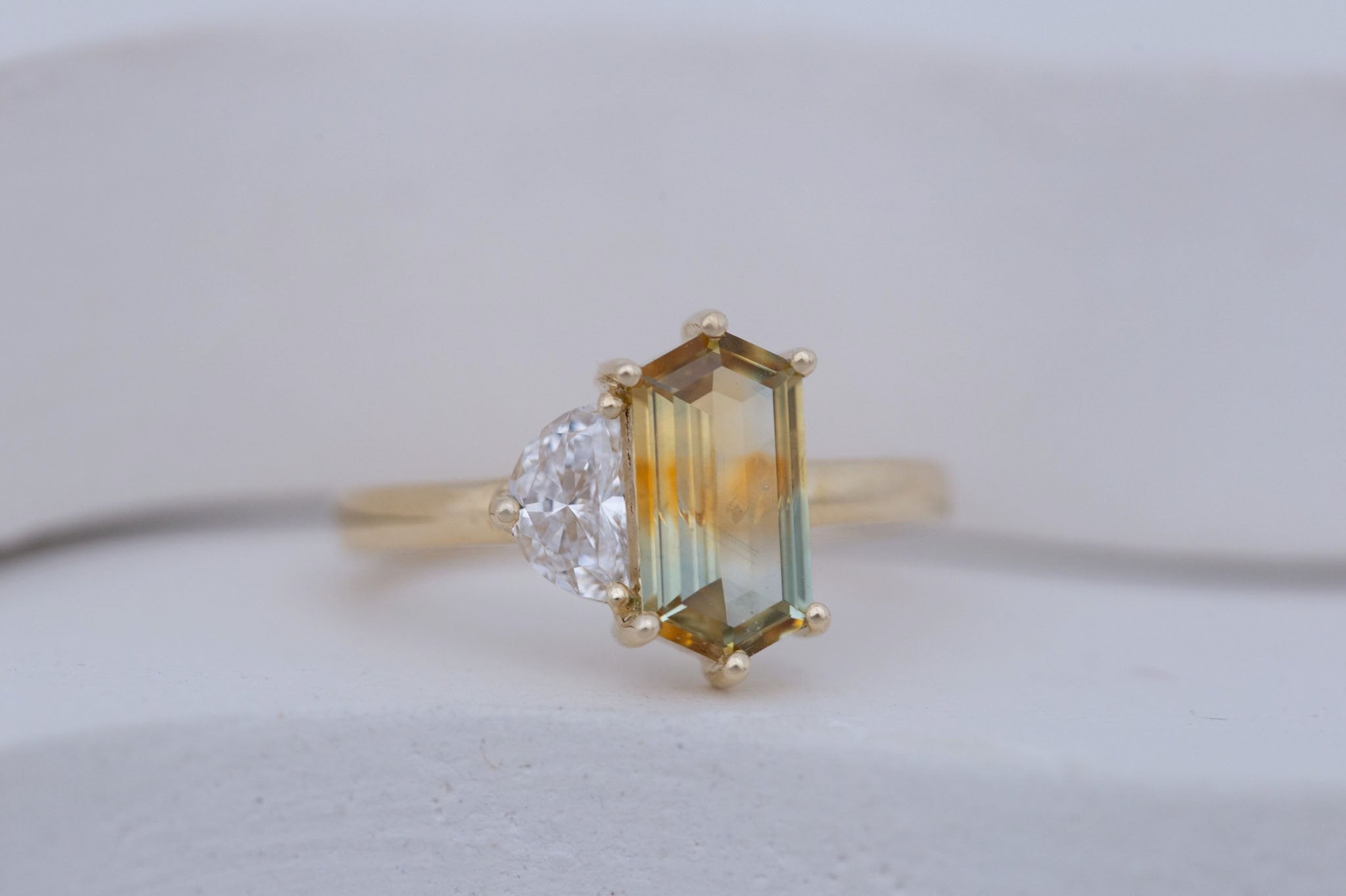 Liana Ring | Bicolor Elongated Hexagon Sapphire + Half Moon Diamond Engagement Ring 1.62 ct | 14k Recycled Gold | One of a Kind