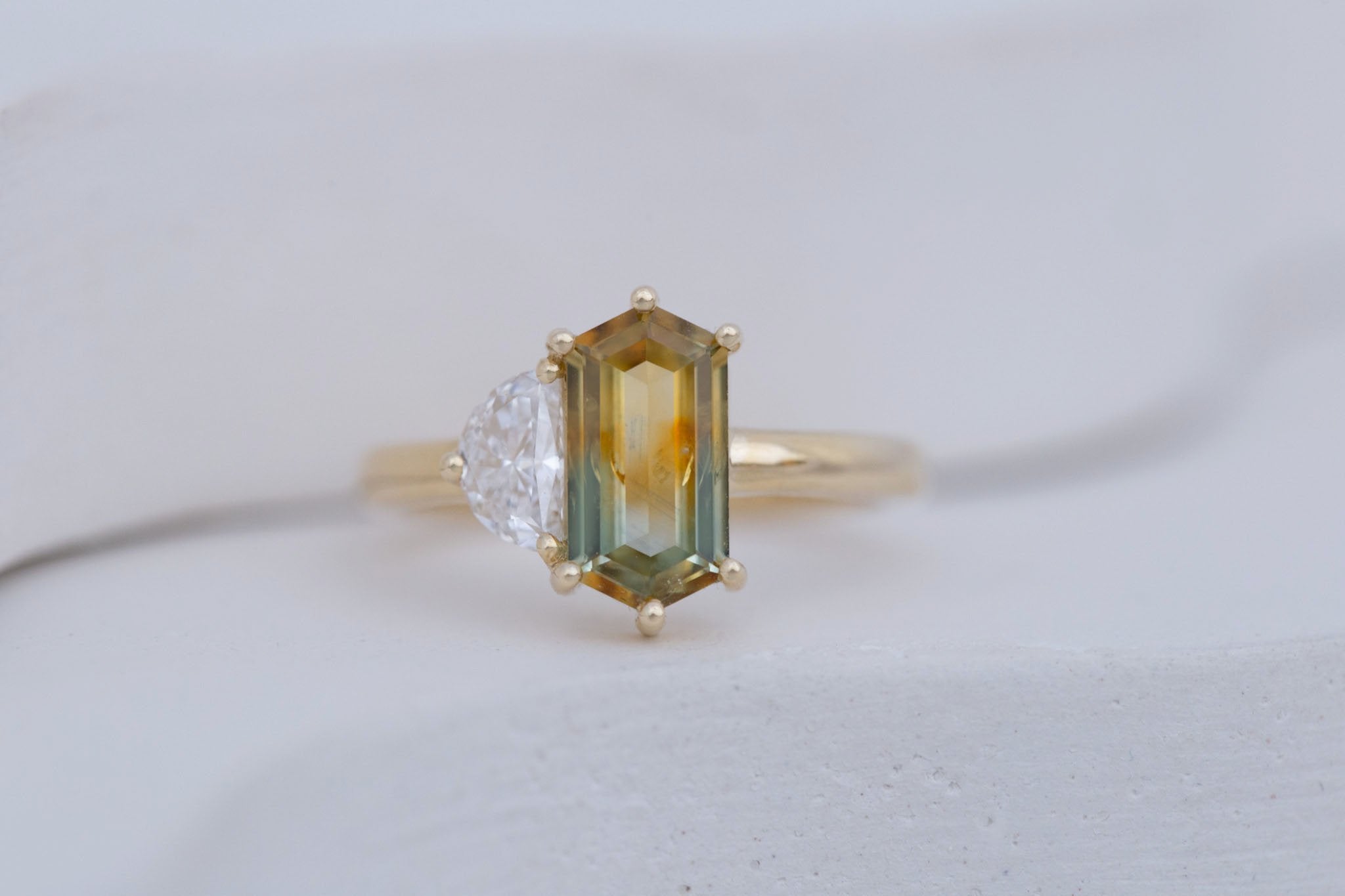 Liana Ring | Bicolor Elongated Hexagon Sapphire + Half Moon Diamond Engagement Ring 1.62 ct | 14k Recycled Gold | One of a Kind