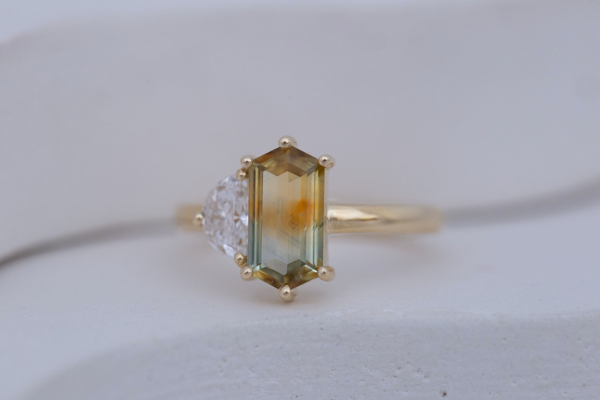 Liana Ring | Bicolor Elongated Hexagon Sapphire + Half Moon Diamond Engagement Ring 1.62 ct | 14k Recycled Gold | One of a Kind