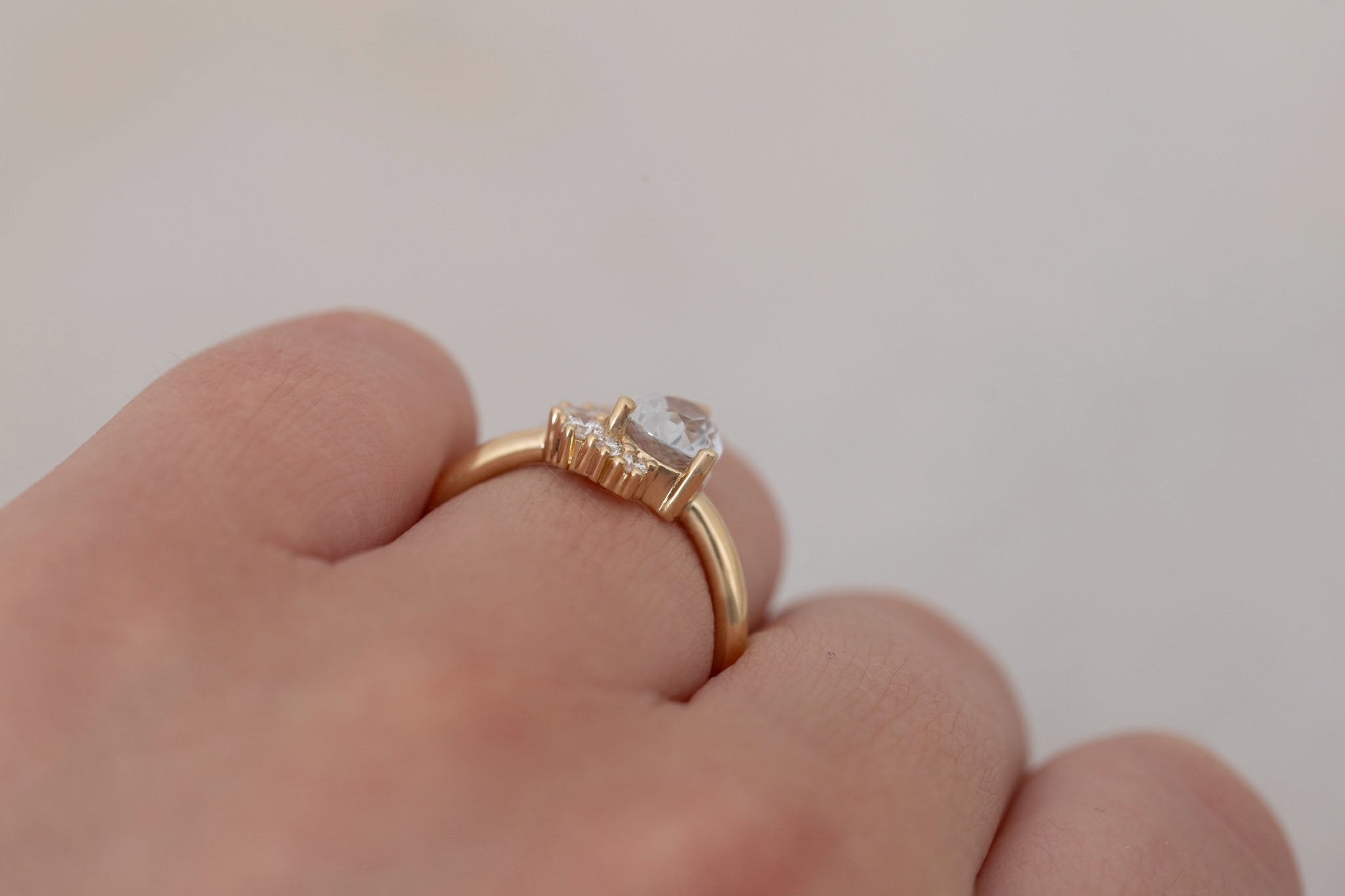 Evaline Ring | Icy Blue Sapphire + Asymmetrical Diamond Cluster Engagement Ring 1.62 ct | 14k Recycled Gold | One of a Kind