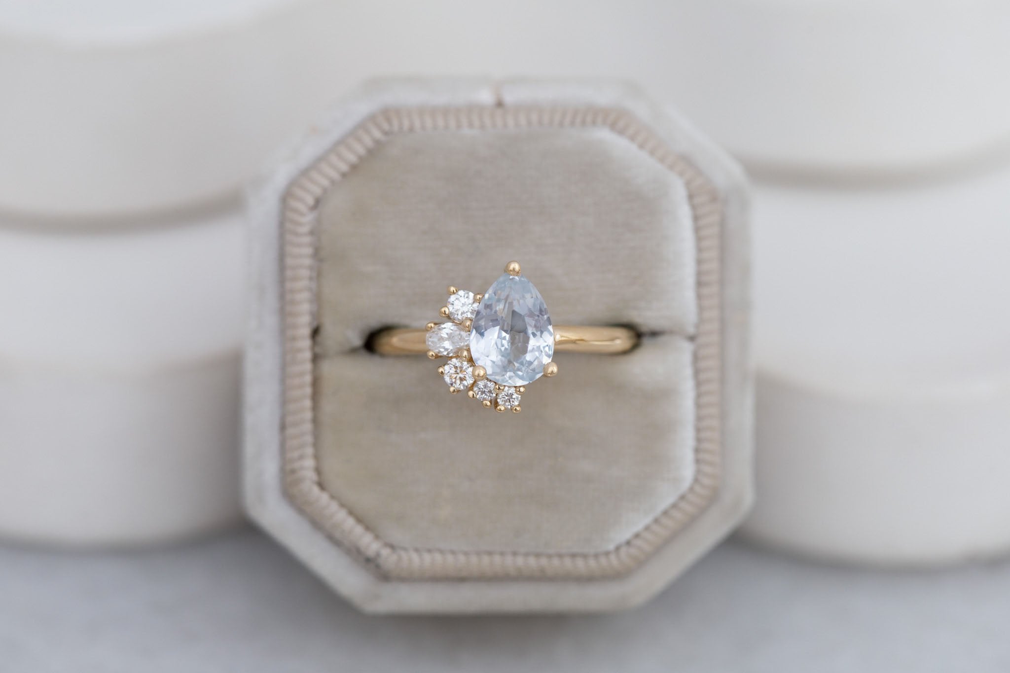 Evaline Ring | Icy Blue Sapphire + Asymmetrical Diamond Cluster Engagement Ring 1.62 ct | 14k Recycled Gold | One of a Kind
