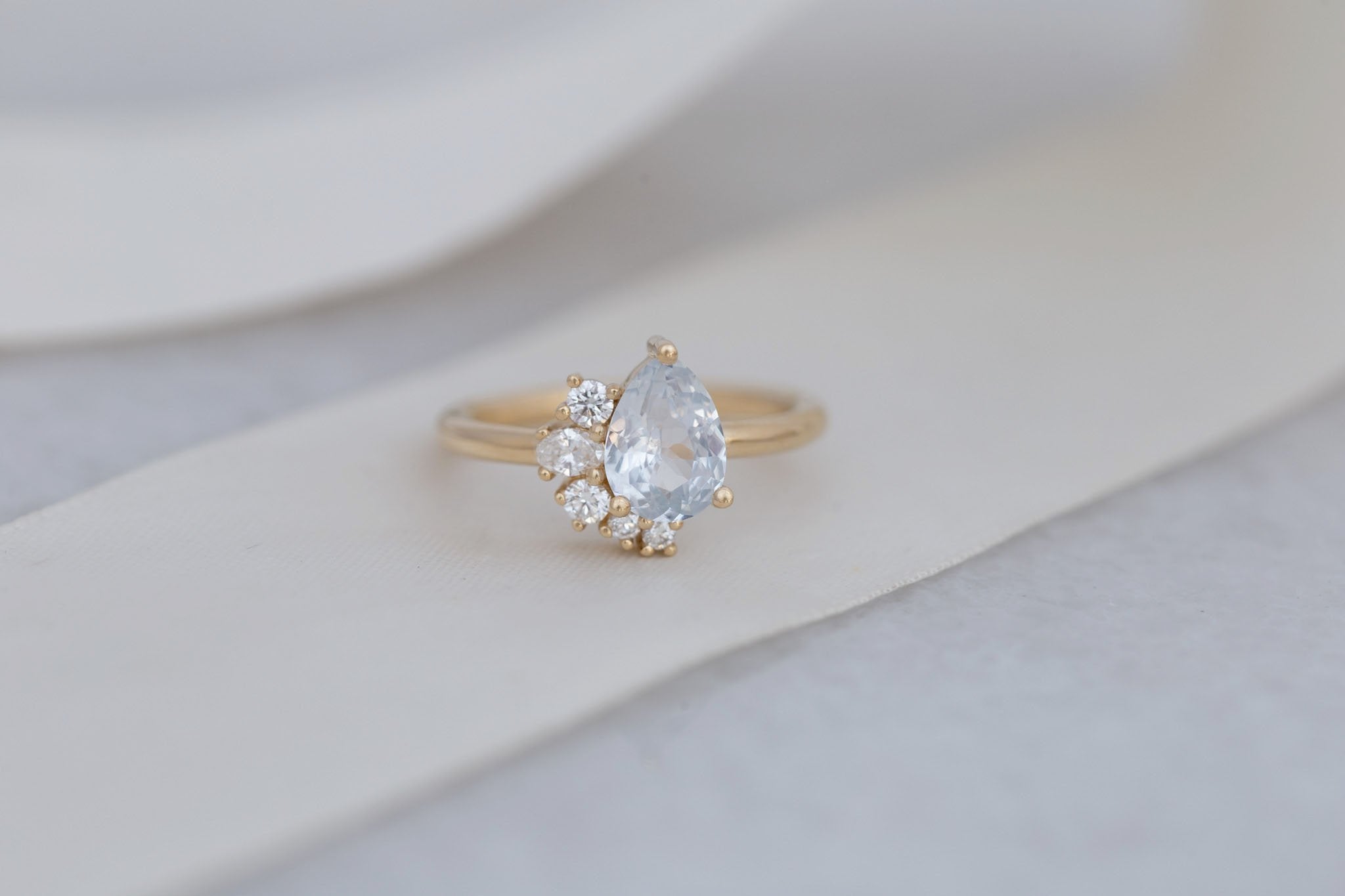Evaline Ring | Icy Blue Sapphire + Asymmetrical Diamond Cluster Engagement Ring 1.62 ct | 14k Recycled Gold | One of a Kind