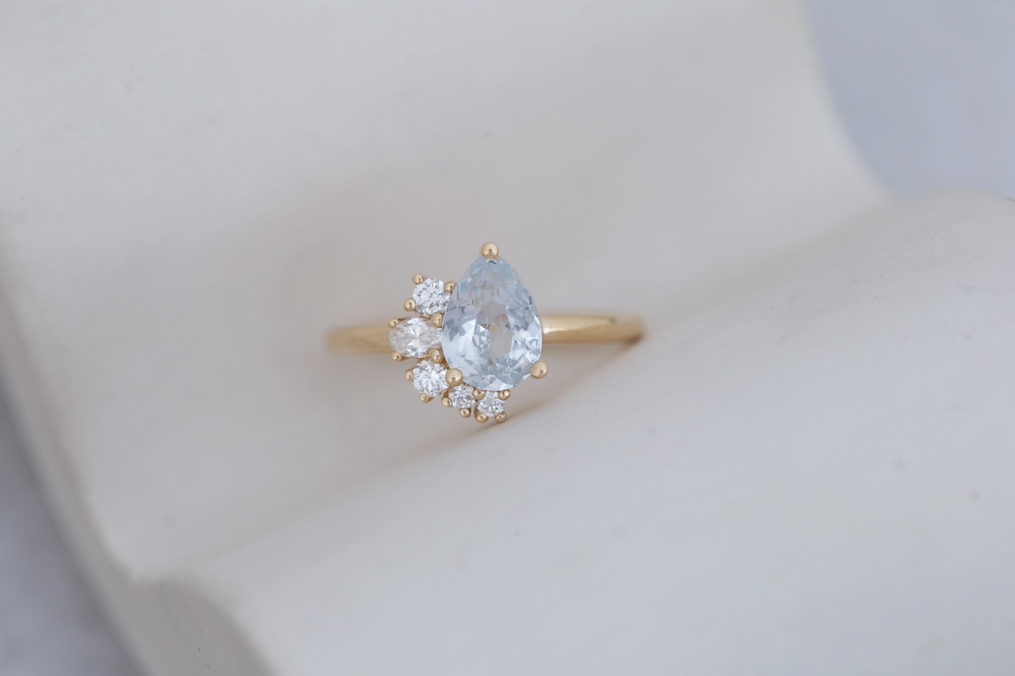 Evaline Ring | Icy Blue Sapphire + Asymmetrical Diamond Cluster Engagement Ring 1.62 ct | 14k Recycled Gold | One of a Kind