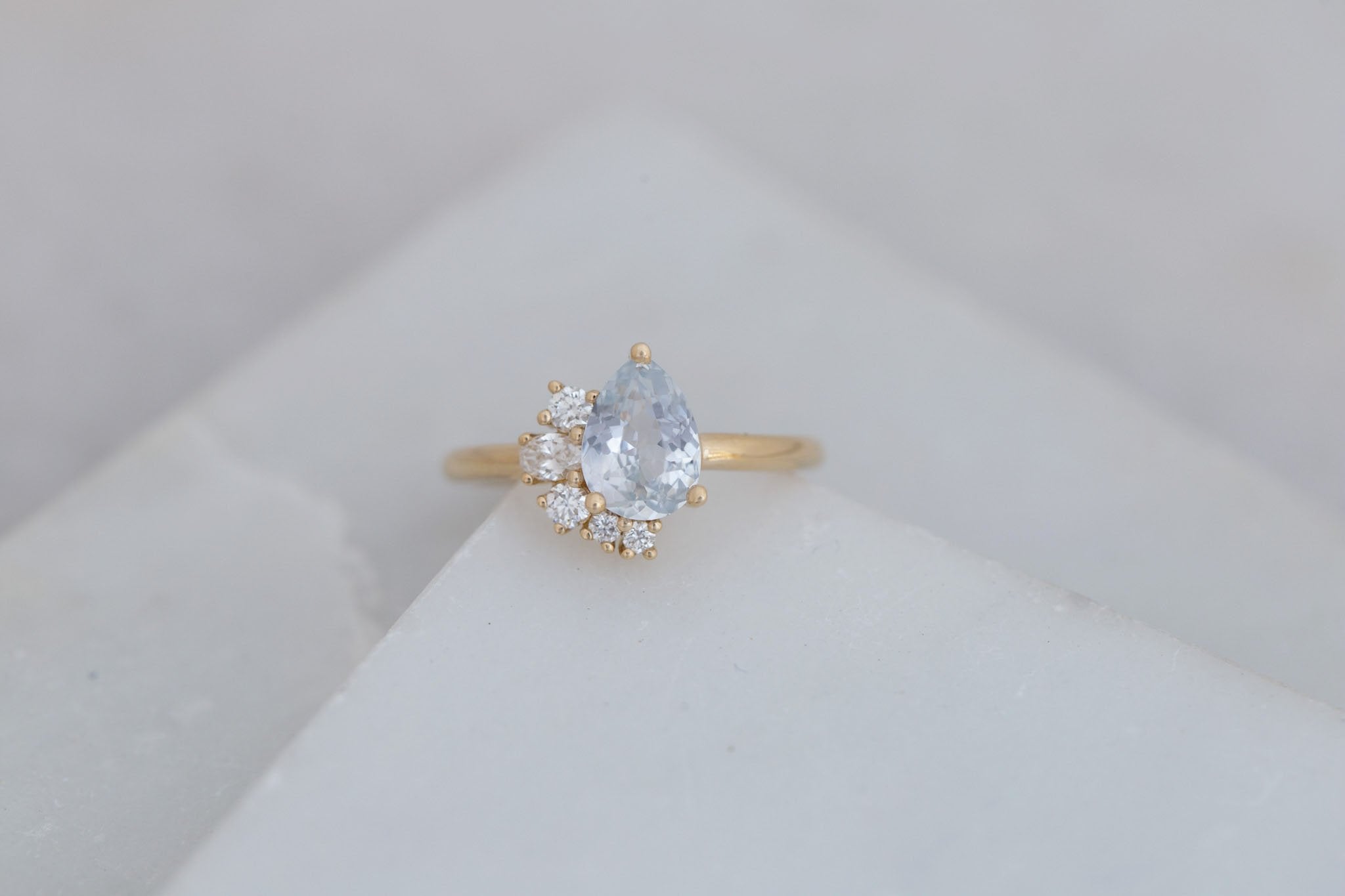 Evaline Ring | Icy Blue Sapphire + Asymmetrical Diamond Cluster Engagement Ring 1.62 ct | 14k Recycled Gold | One of a Kind