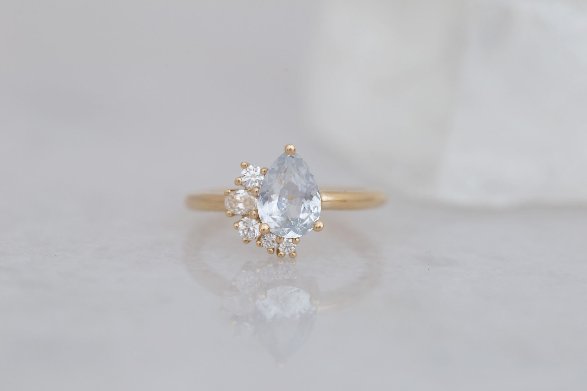 Evaline Ring | Icy Blue Sapphire + Asymmetrical Diamond Cluster Engagement Ring 1.62 ct | 14k Recycled Gold | One of a Kind