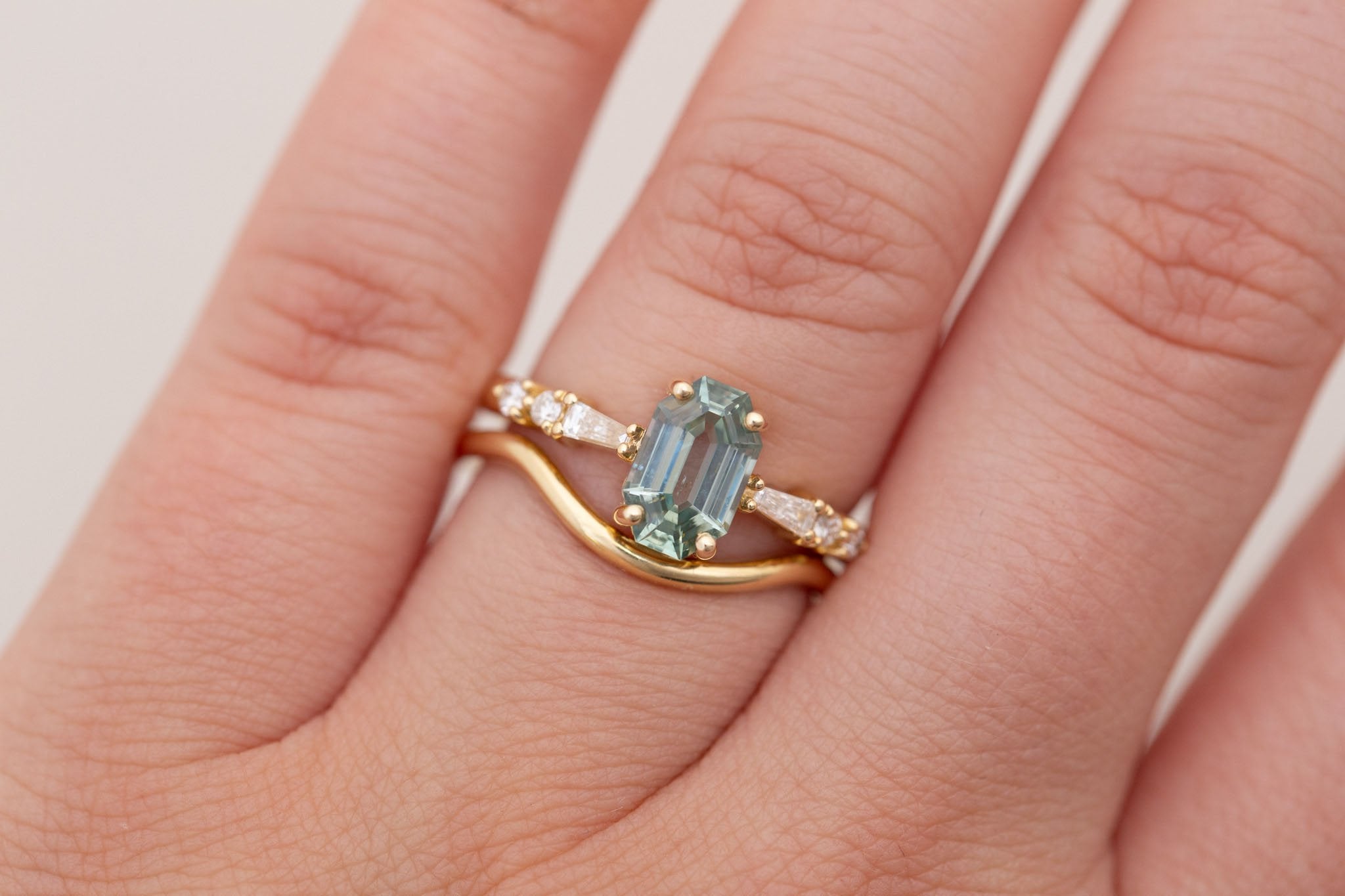Liesel Ring | Mint Octagon Cut Sapphire + Diamond Baguette Accent Engagement Ring 1.62 ct | 14k Recycled Gold | One of a Kind