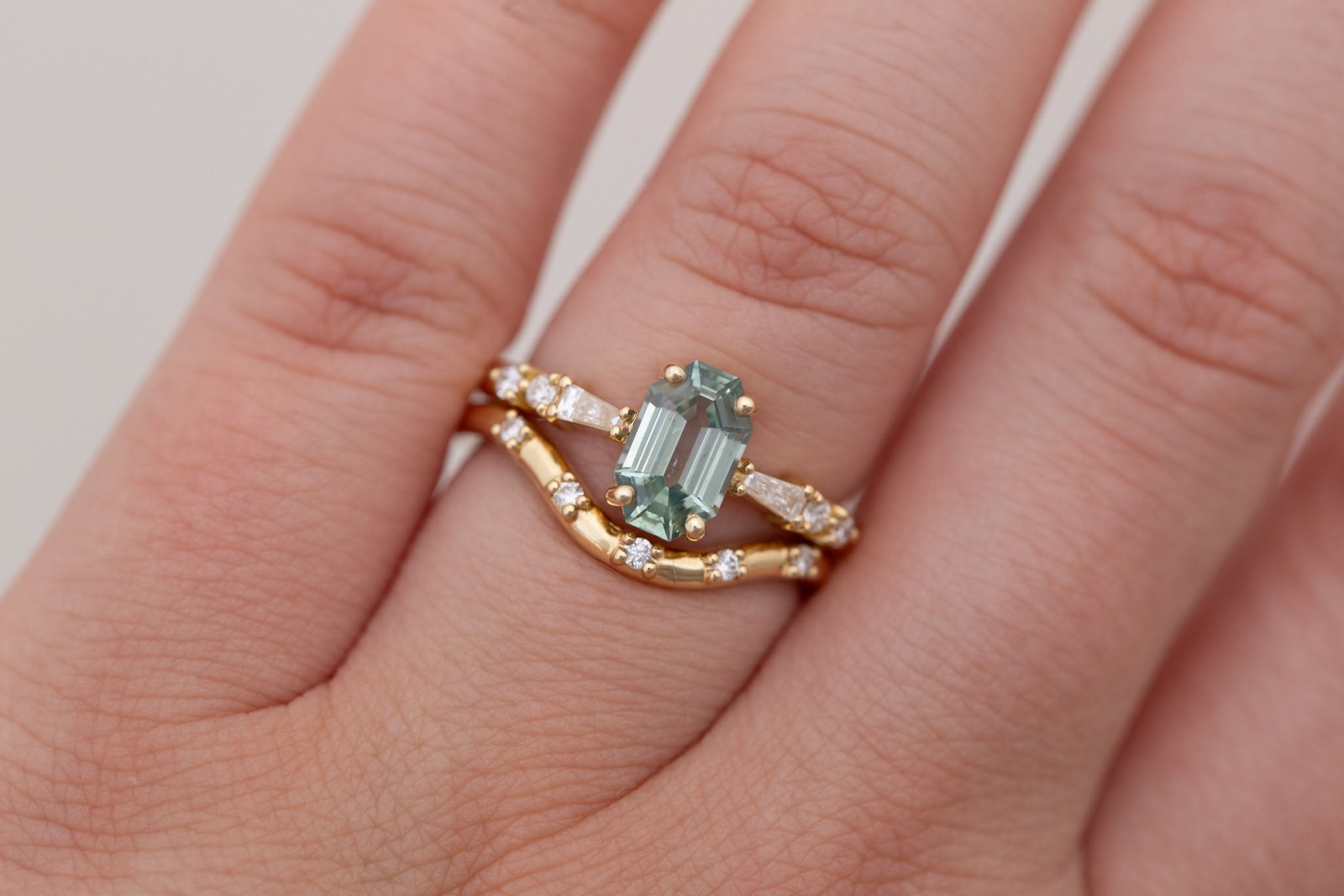 Liesel Ring | Mint Octagon Cut Sapphire + Diamond Baguette Accent Engagement Ring 1.62 ct | 14k Recycled Gold | One of a Kind