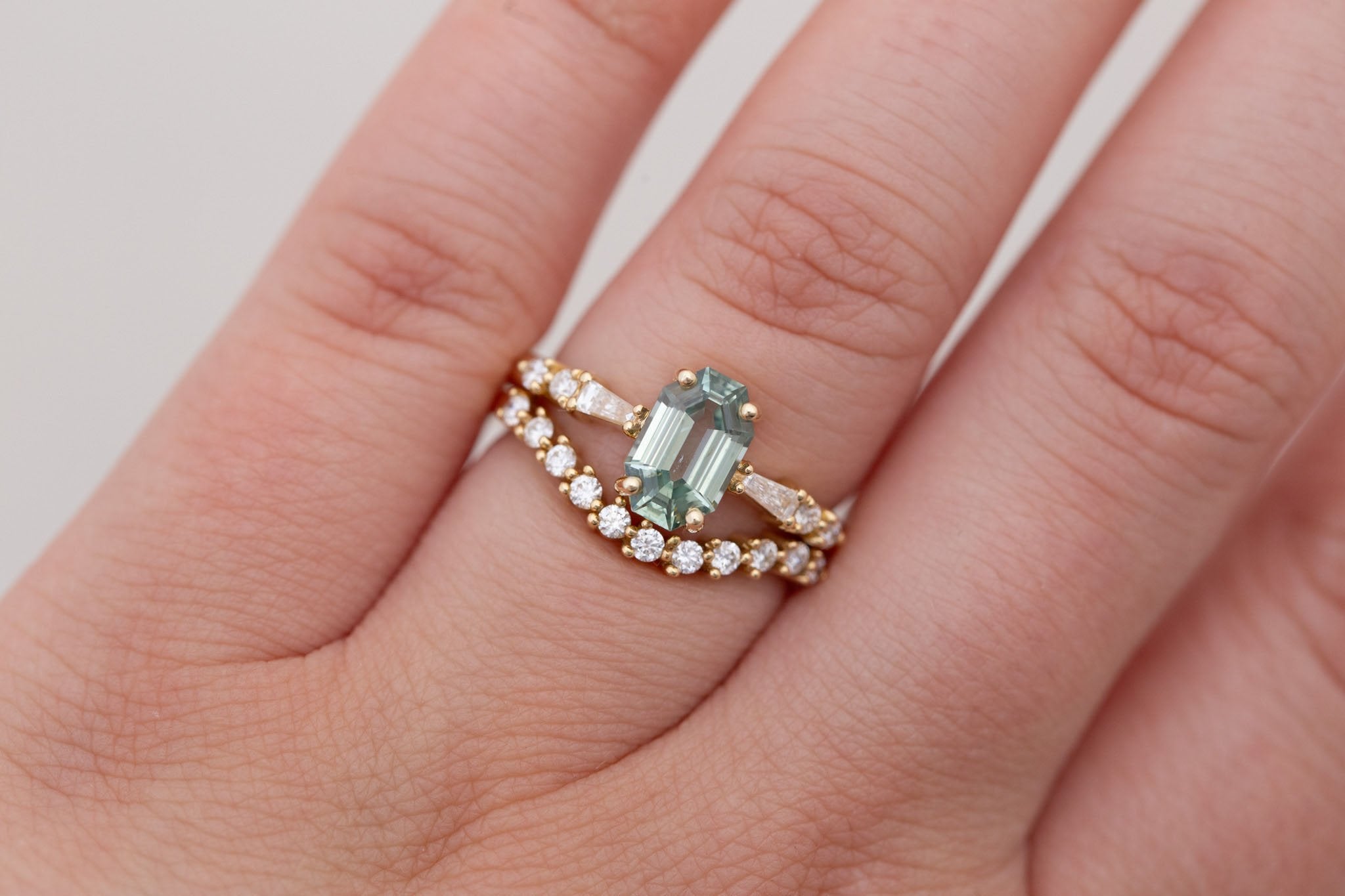 Liesel Ring | Mint Octagon Cut Sapphire + Diamond Baguette Accent Engagement Ring 1.62 ct | 14k Recycled Gold | One of a Kind