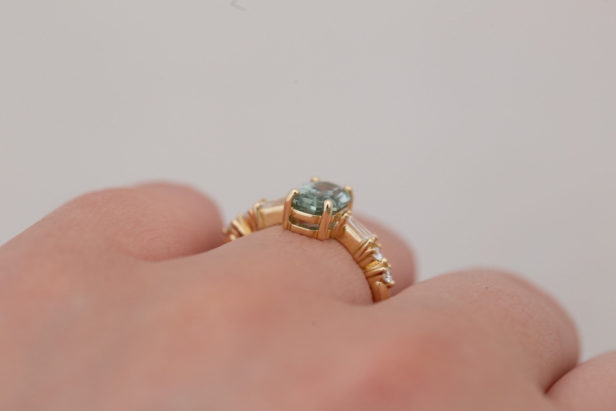 Liesel Ring | Mint Octagon Cut Sapphire + Diamond Baguette Accent Engagement Ring 1.62 ct | 14k Recycled Gold | One of a Kind