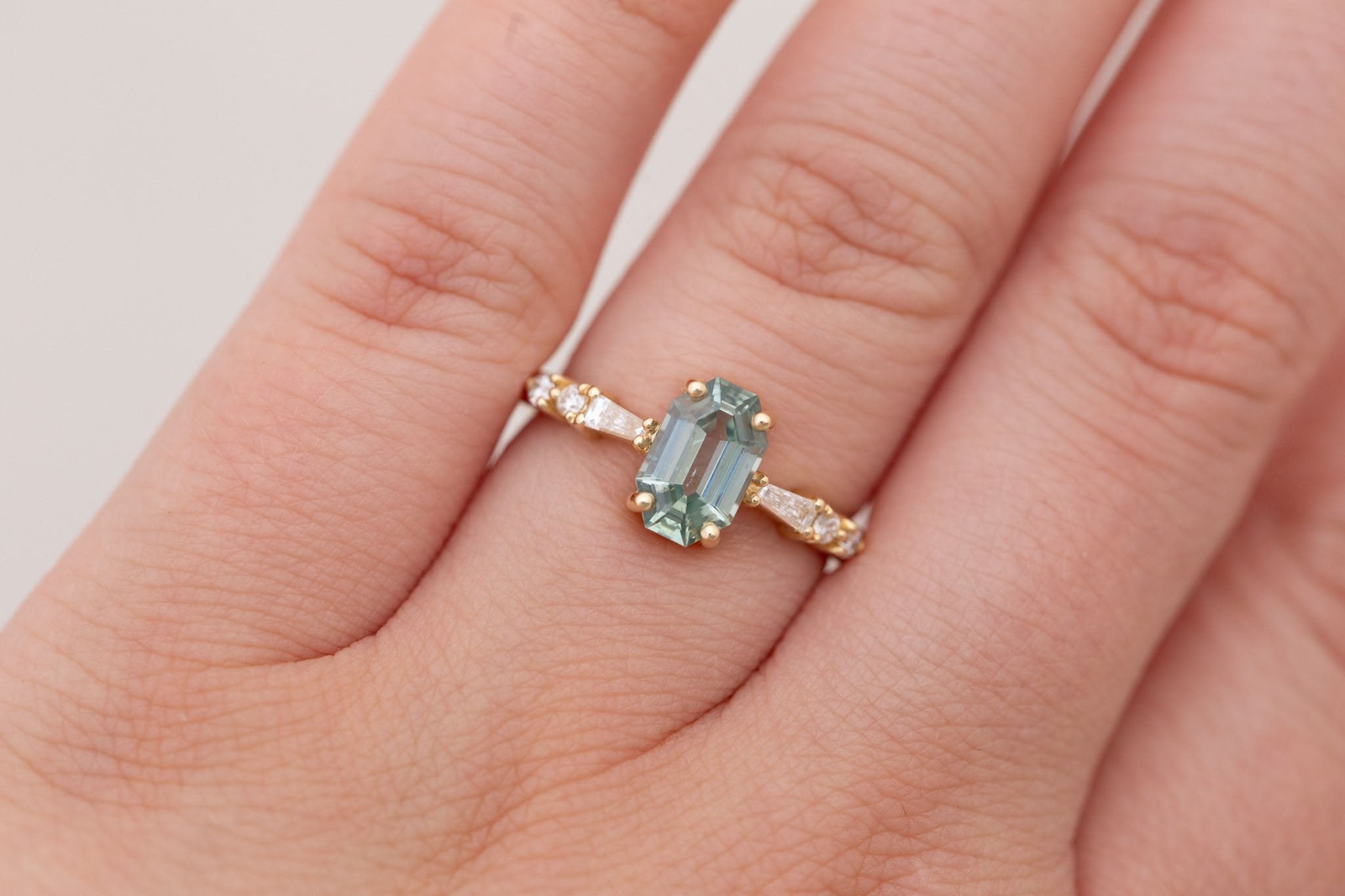 Liesel Ring | Mint Octagon Cut Sapphire + Diamond Baguette Accent Engagement Ring 1.62 ct | 14k Recycled Gold | One of a Kind