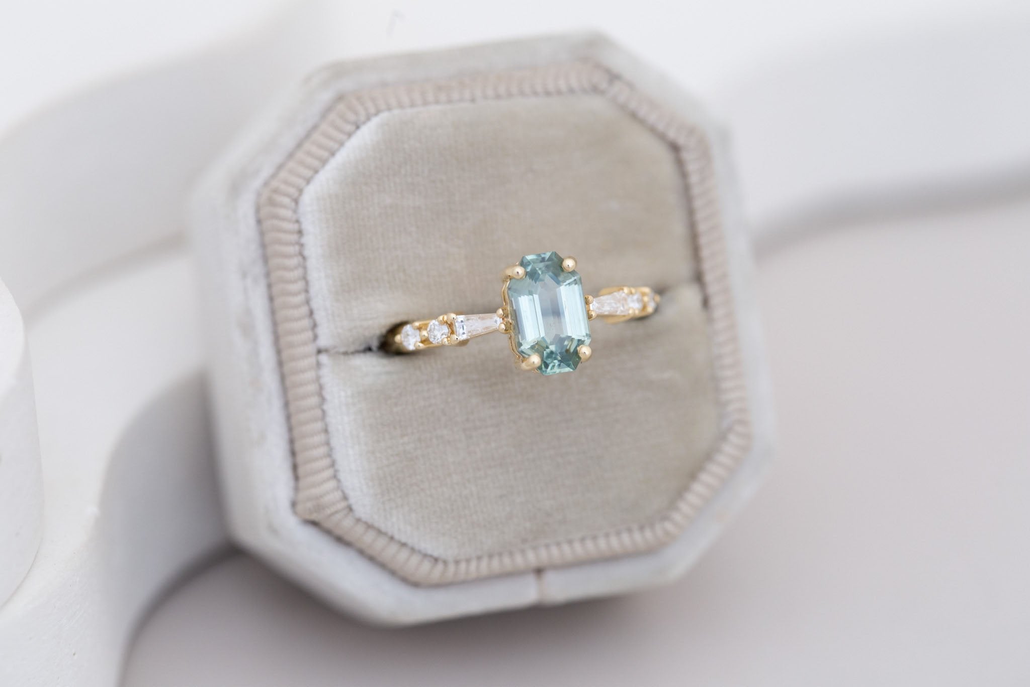 Liesel Ring | Mint Octagon Cut Sapphire + Diamond Baguette Accent Engagement Ring 1.62 ct | 14k Recycled Gold | One of a Kind