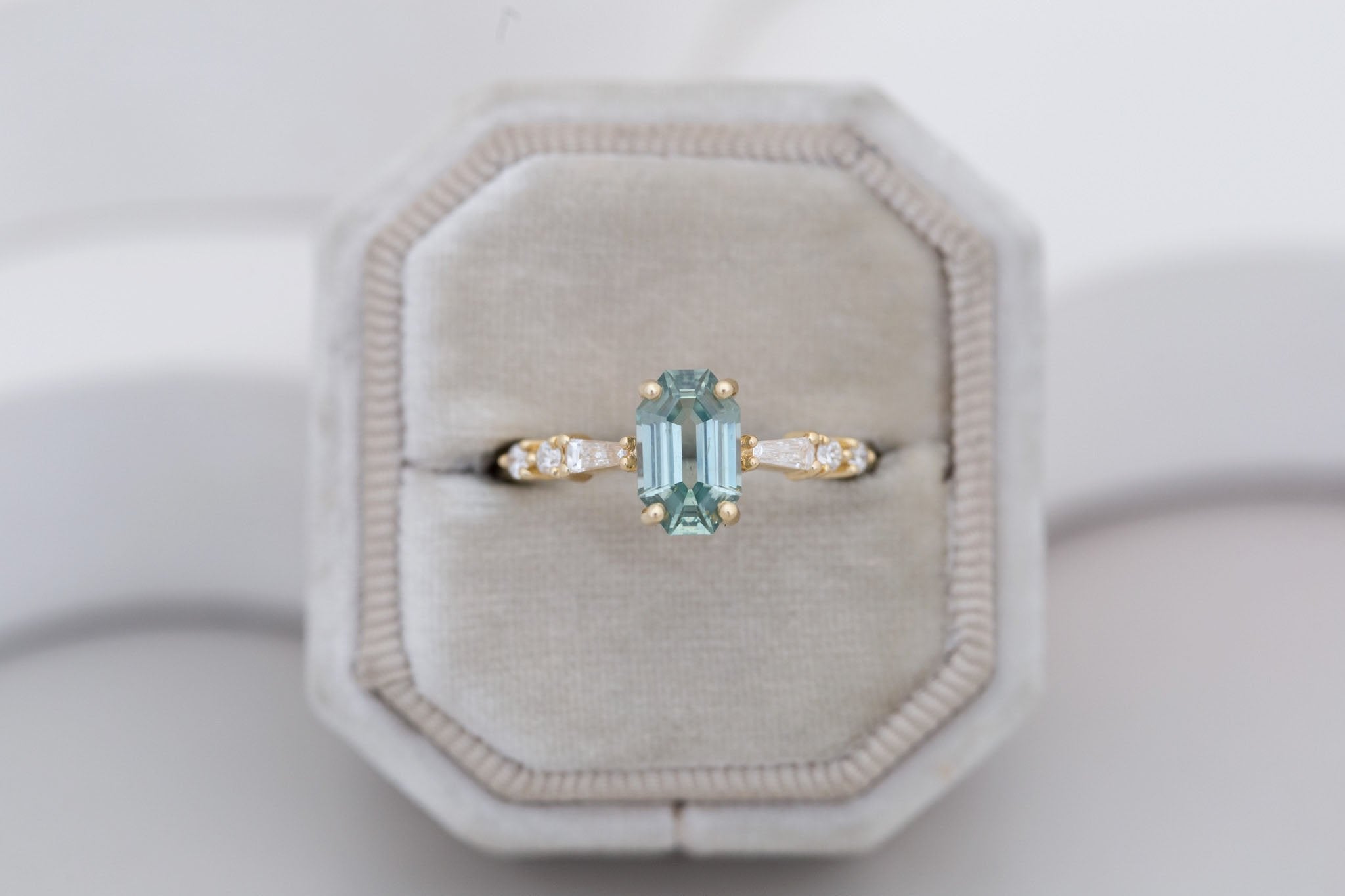 Liesel Ring | Mint Octagon Cut Sapphire + Diamond Baguette Accent Engagement Ring 1.62 ct | 14k Recycled Gold | One of a Kind
