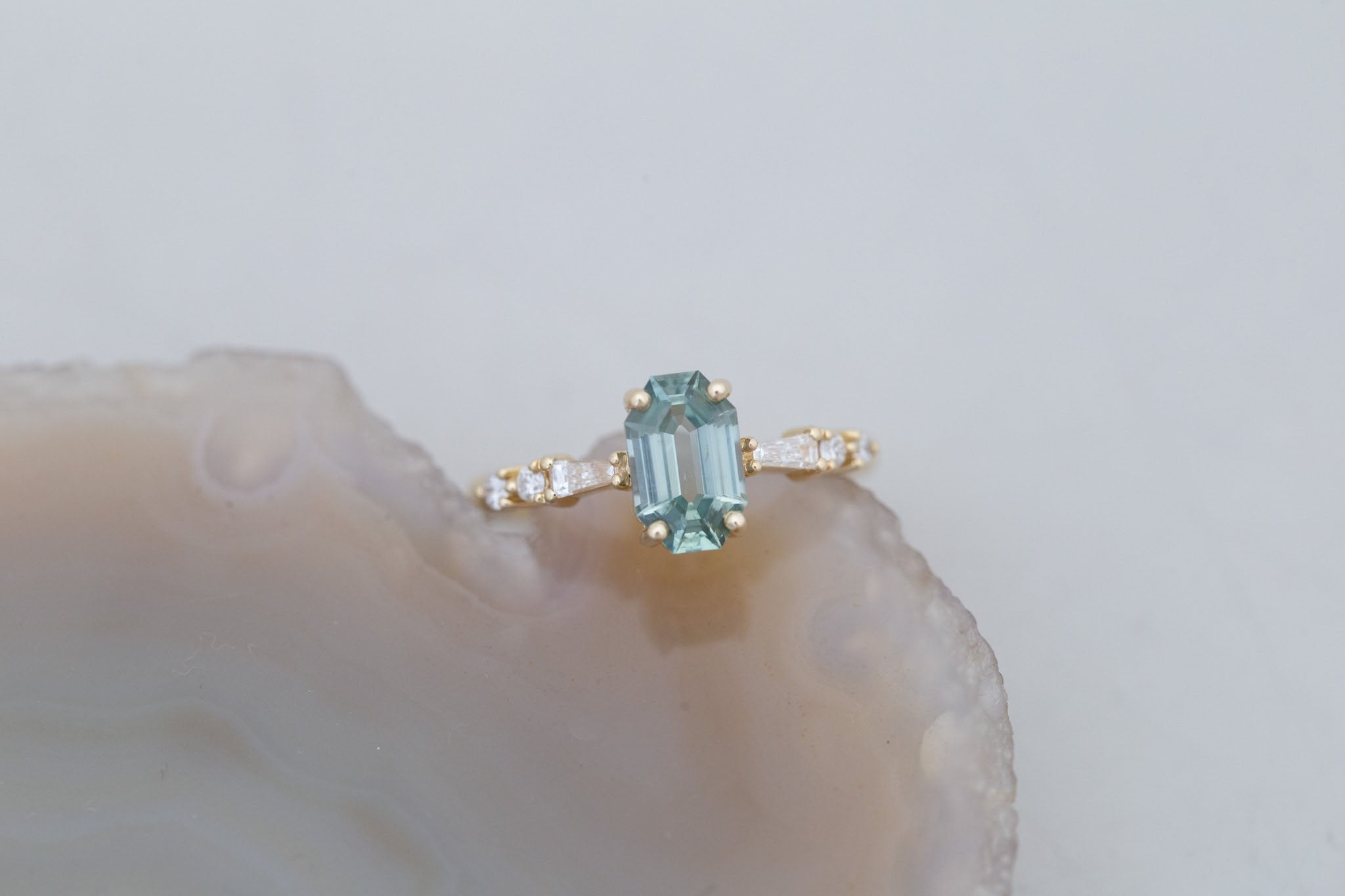 Liesel Ring | Mint Octagon Cut Sapphire + Diamond Baguette Accent Engagement Ring 1.62 ct | 14k Recycled Gold | One of a Kind