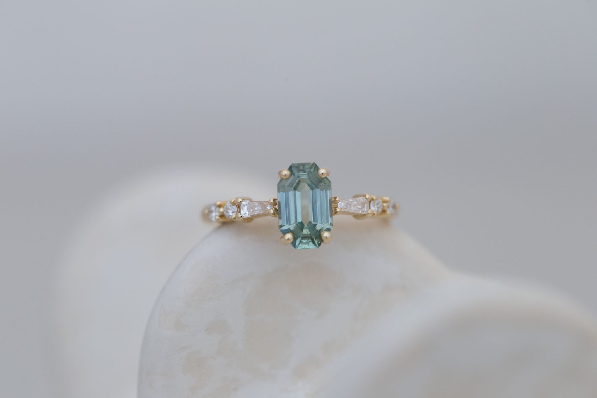 Liesel Ring | Mint Octagon Cut Sapphire + Diamond Baguette Accent Engagement Ring 1.62 ct | 14k Recycled Gold | One of a Kind