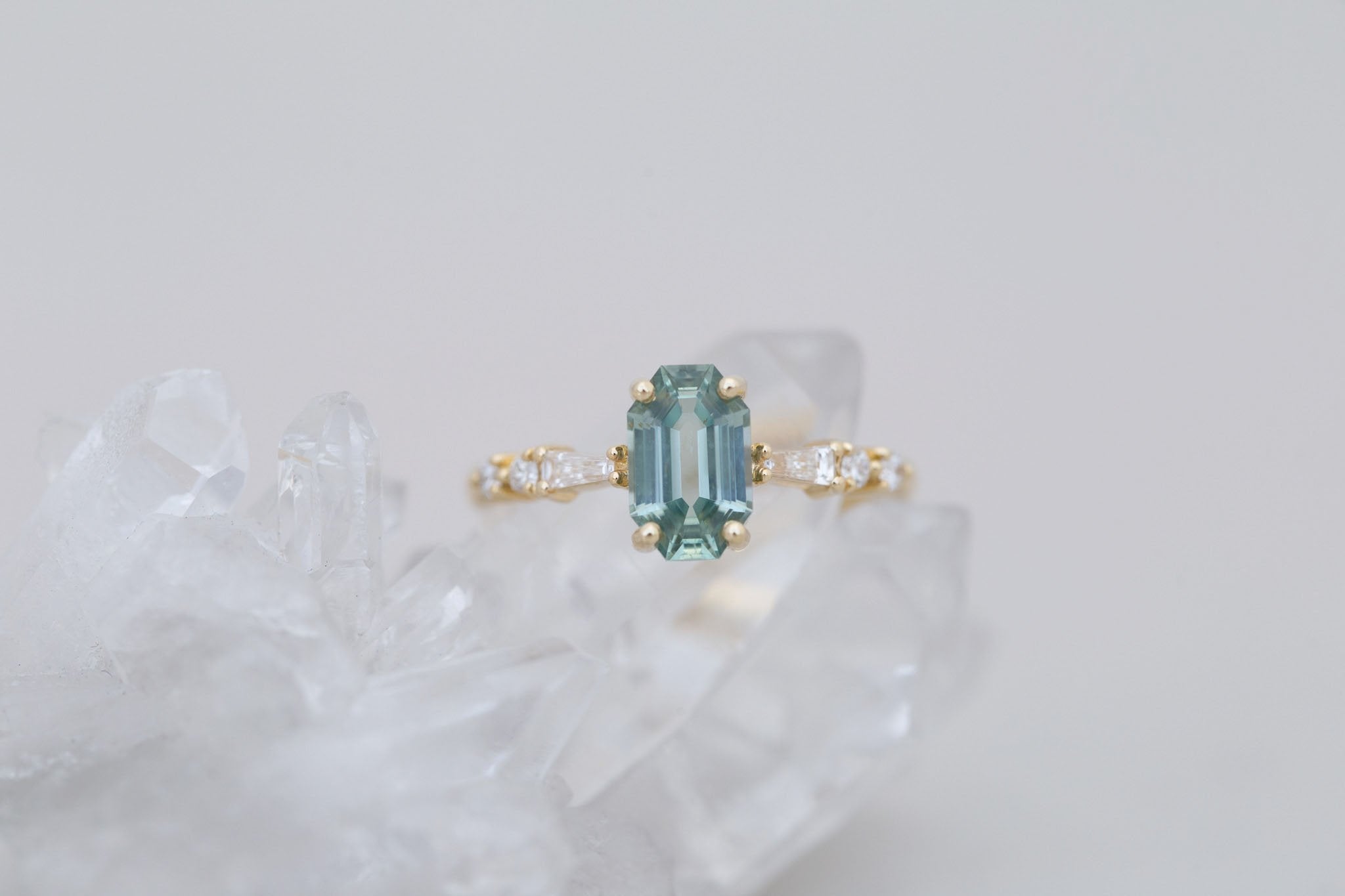 Liesel Ring | Mint Octagon Cut Sapphire + Diamond Baguette Accent Engagement Ring 1.62 ct | 14k Recycled Gold | One of a Kind
