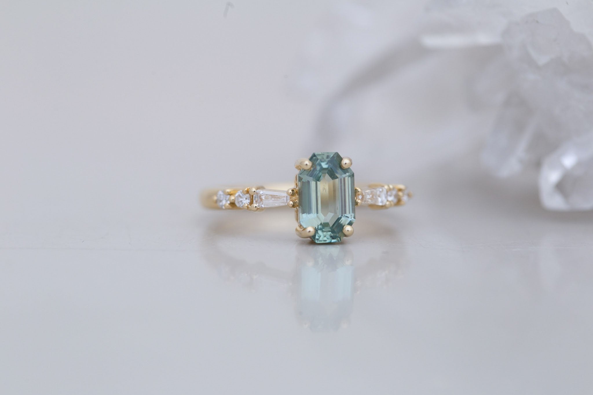 Liesel Ring | Mint Octagon Cut Sapphire + Diamond Baguette Accent Engagement Ring 1.62 ct | 14k Recycled Gold | One of a Kind