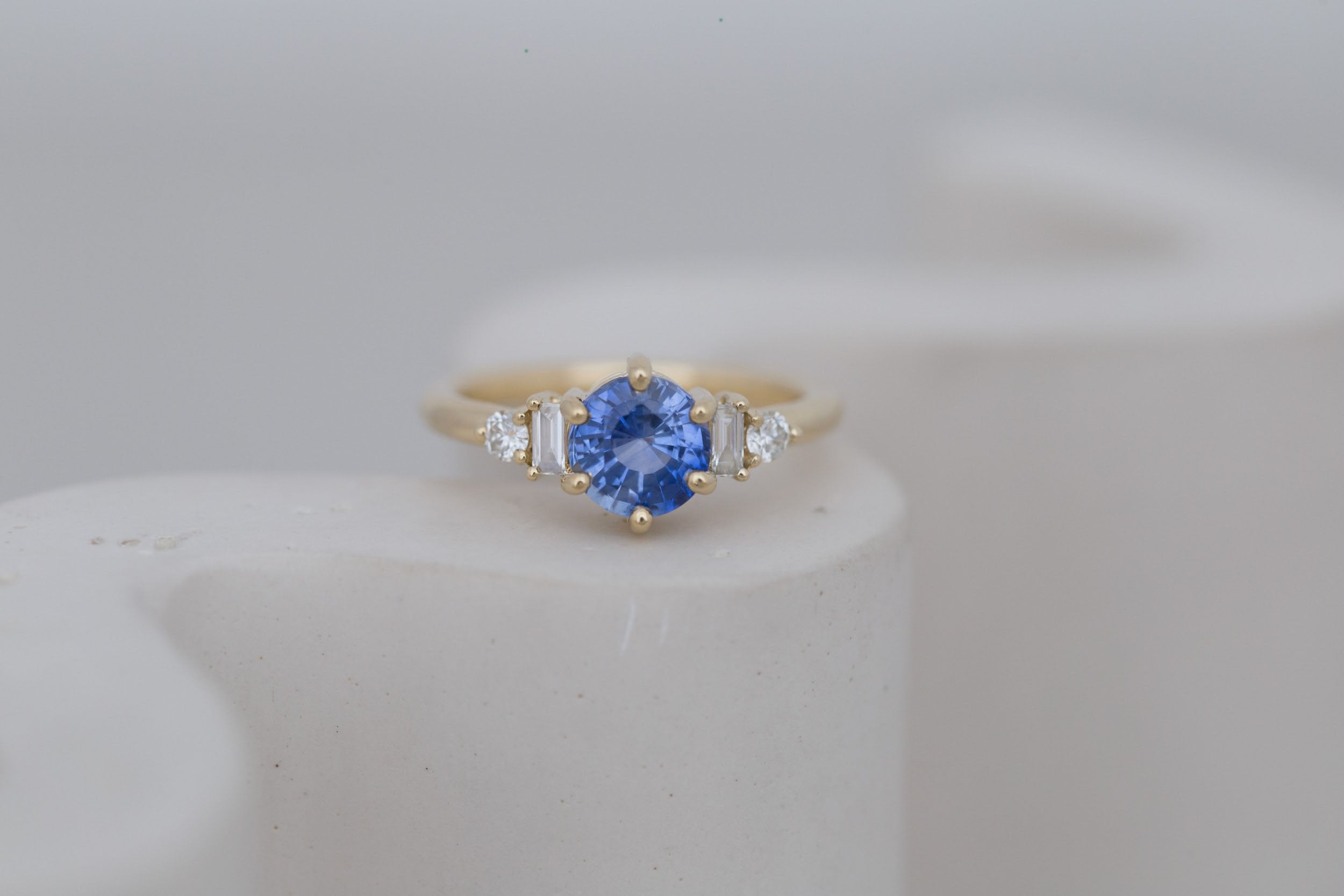 Alsea Ring | Blue Sapphire + Baguette and Round Diamond Accent Engagement Ring 1.63 ct | 14k Recycled Gold | One of a Kind